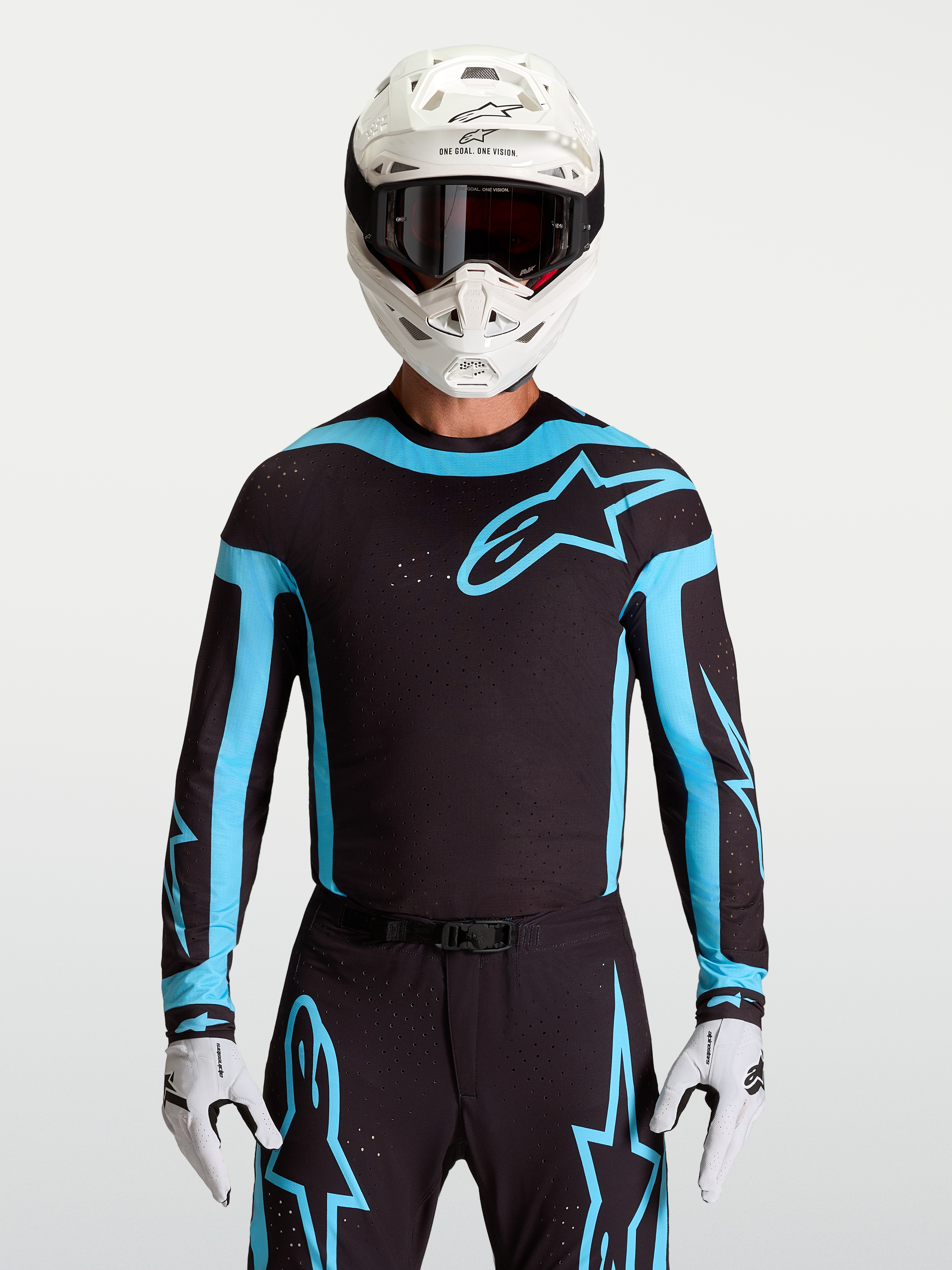 Alpinestars Maglia Supertech Vesta, maglia motocross racing da uomo, nera e turchese, con fori laser traspiranti