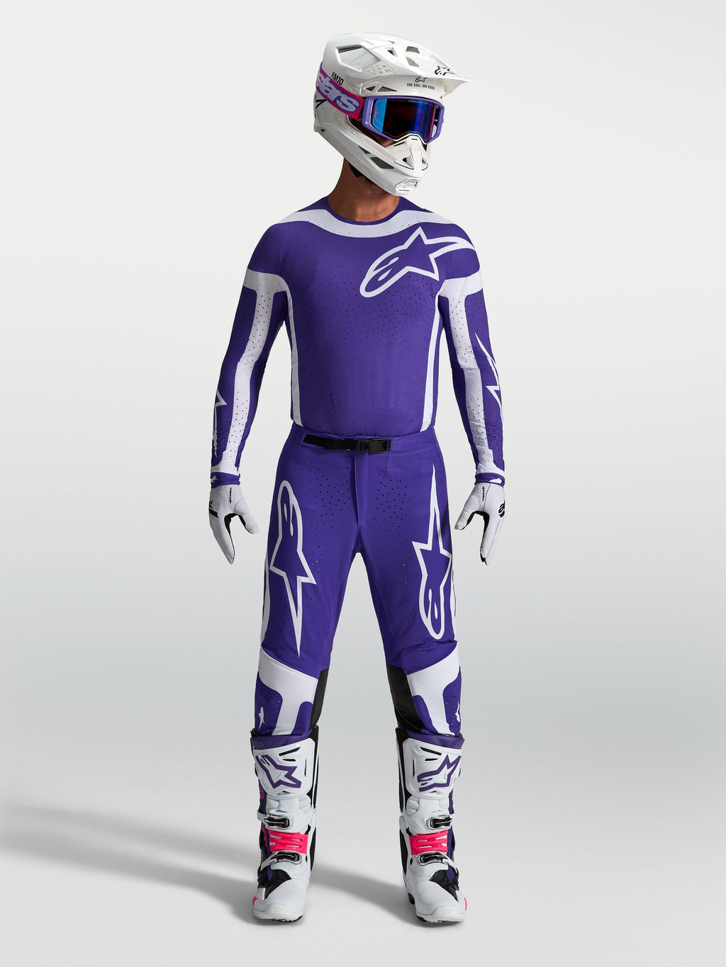 Alpinestars Maglia Supertech Vesta e Supertech Vesta, completo motocross da uomo, blu e bianco, vestibilità atletica professionale, materiali leggeri e traspiranti.