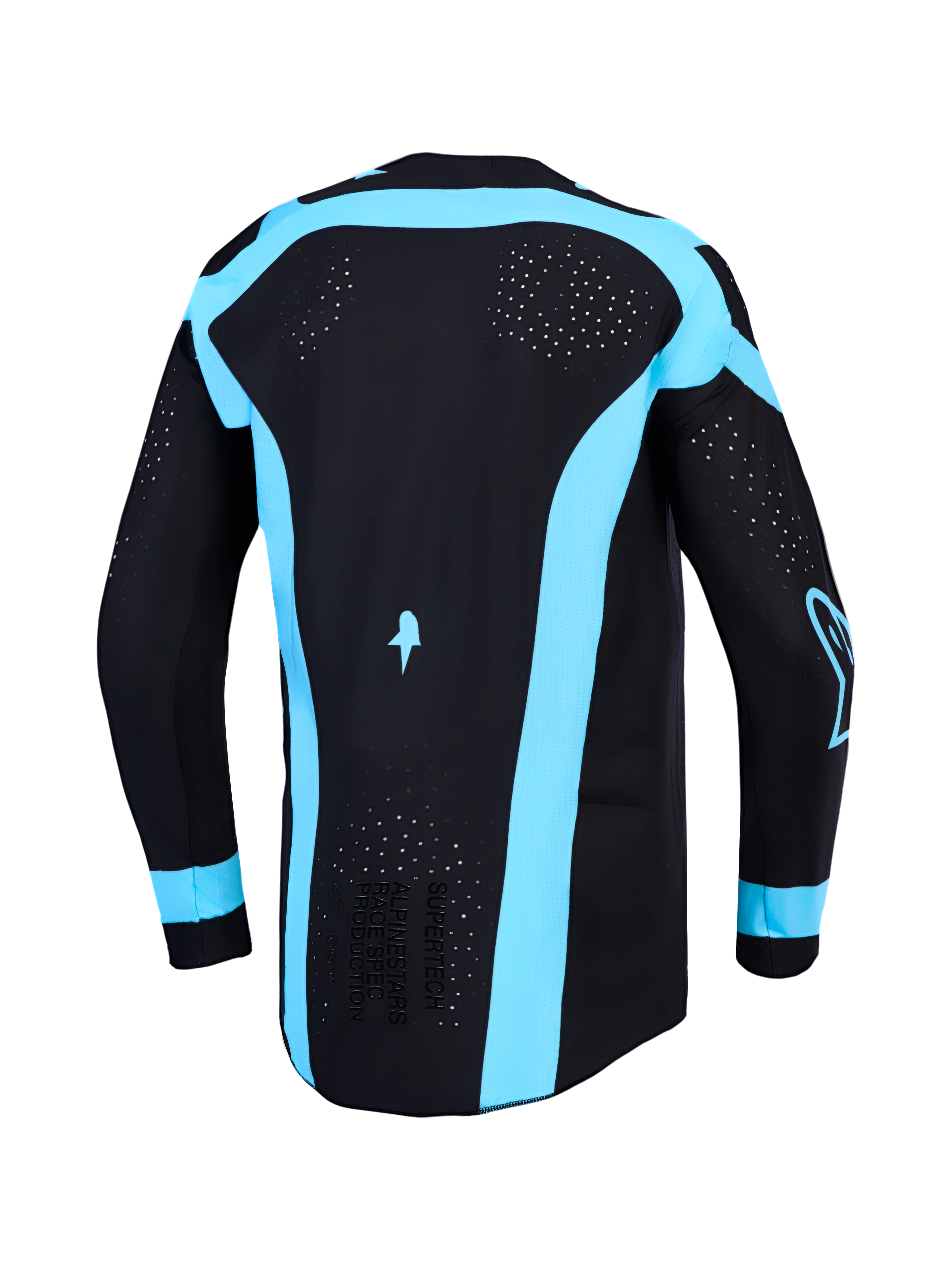 Alpinestars Maglia Supertech Vesta, maglia da motocross da uomo nera e turchese, vista posteriore con ventilazione laser-cut.