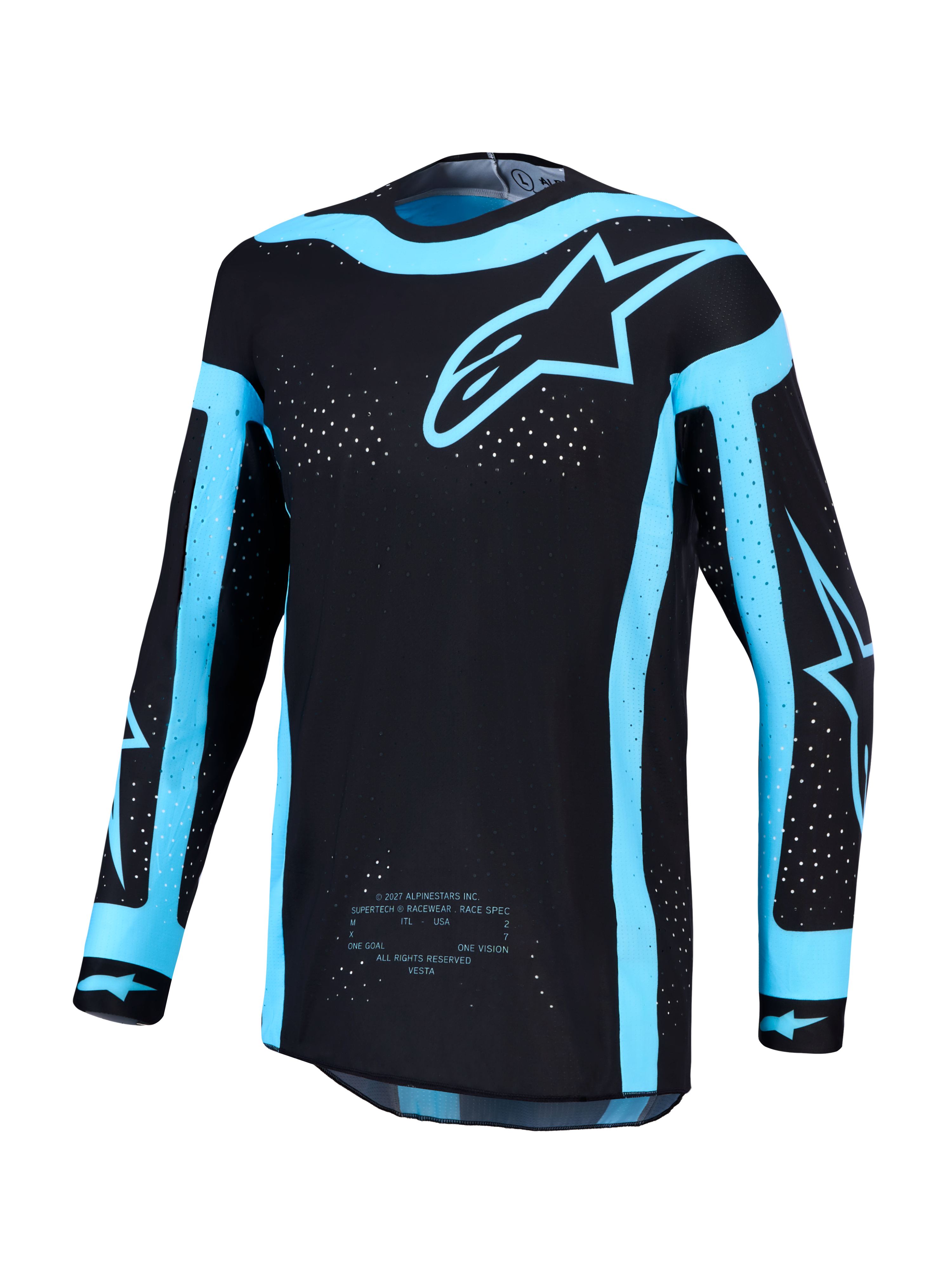 Alpinestars maglia Supertech Vesta AND Gear Set, da motocross da uomo nera e turchese con ventilazione laser e logo a stella.
