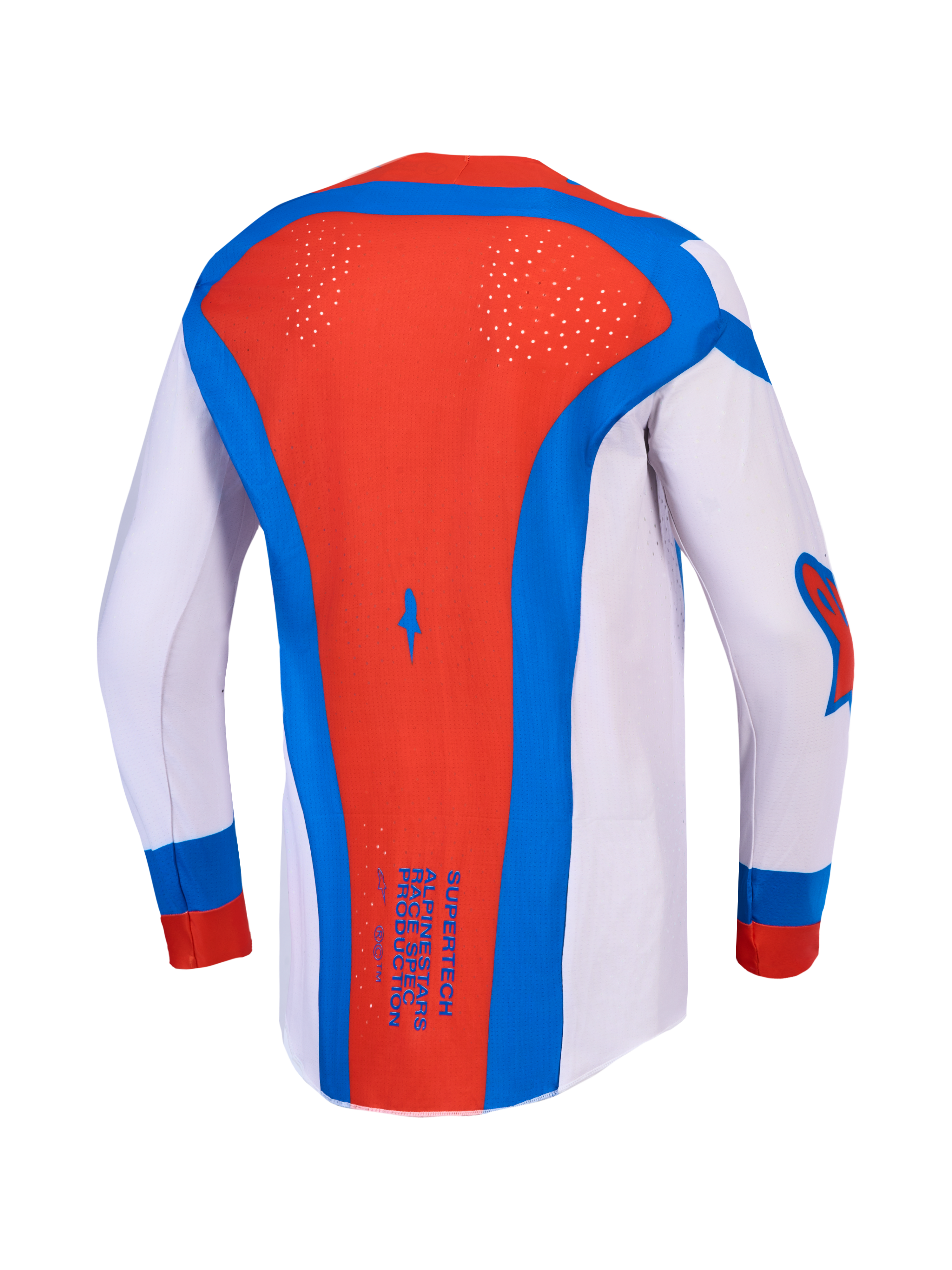Alpinestars Maglia Supertech Vesta e Supertech Vesta Gear Set, maglia motocross da uomo, vista posteriore, lilla, rossa e blu, con perforazioni laser e mesh traspirante.