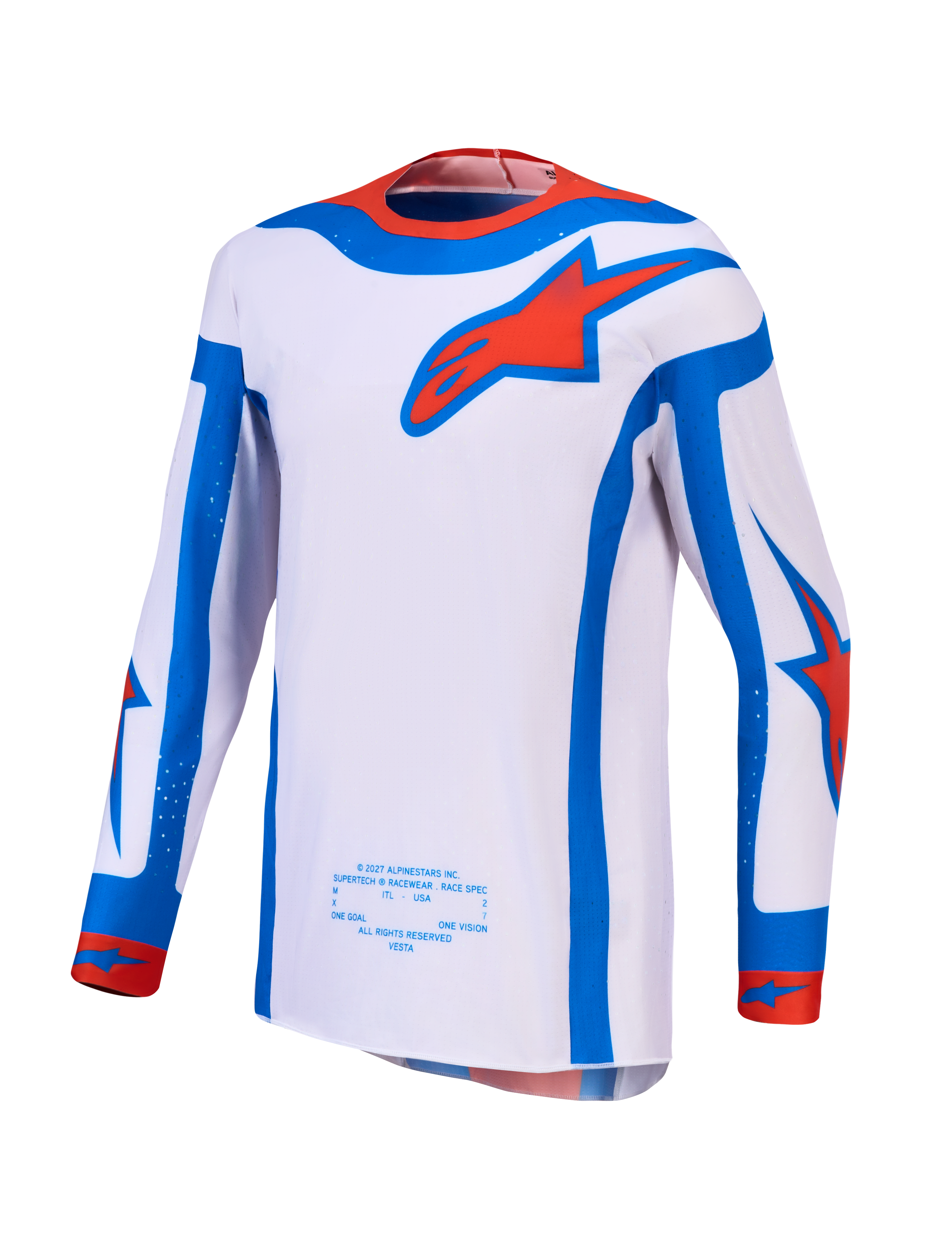Alpinestars maglia Supertech Vesta, maglia da motocross da uomo lilla, rossa e blu con vestibilità atletica.