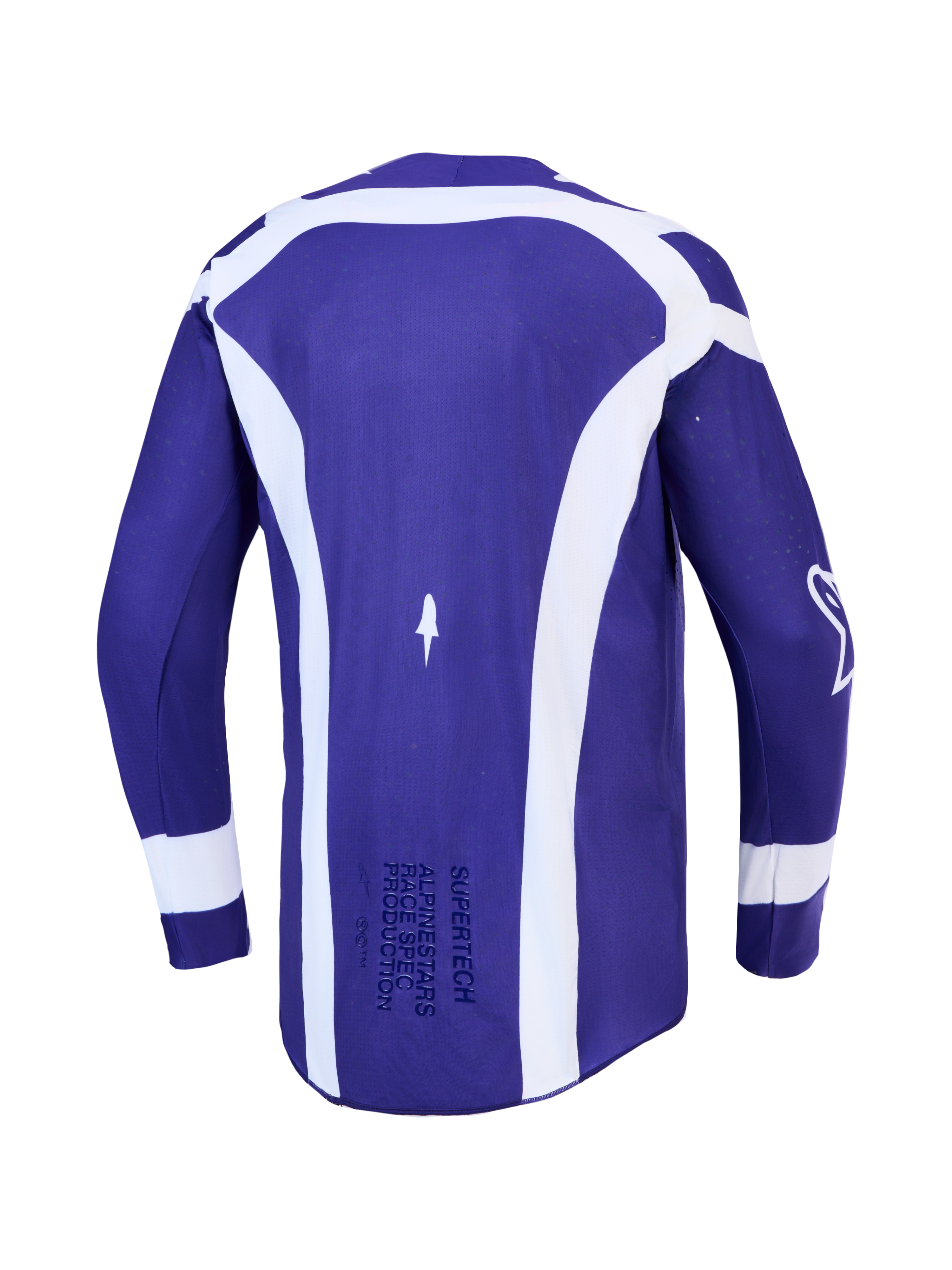 Alpinestars Maglia Supertech Vesta, maglia da motocross da uomo in mesh elasticizzato blu scuro e bianco, vista posteriore.