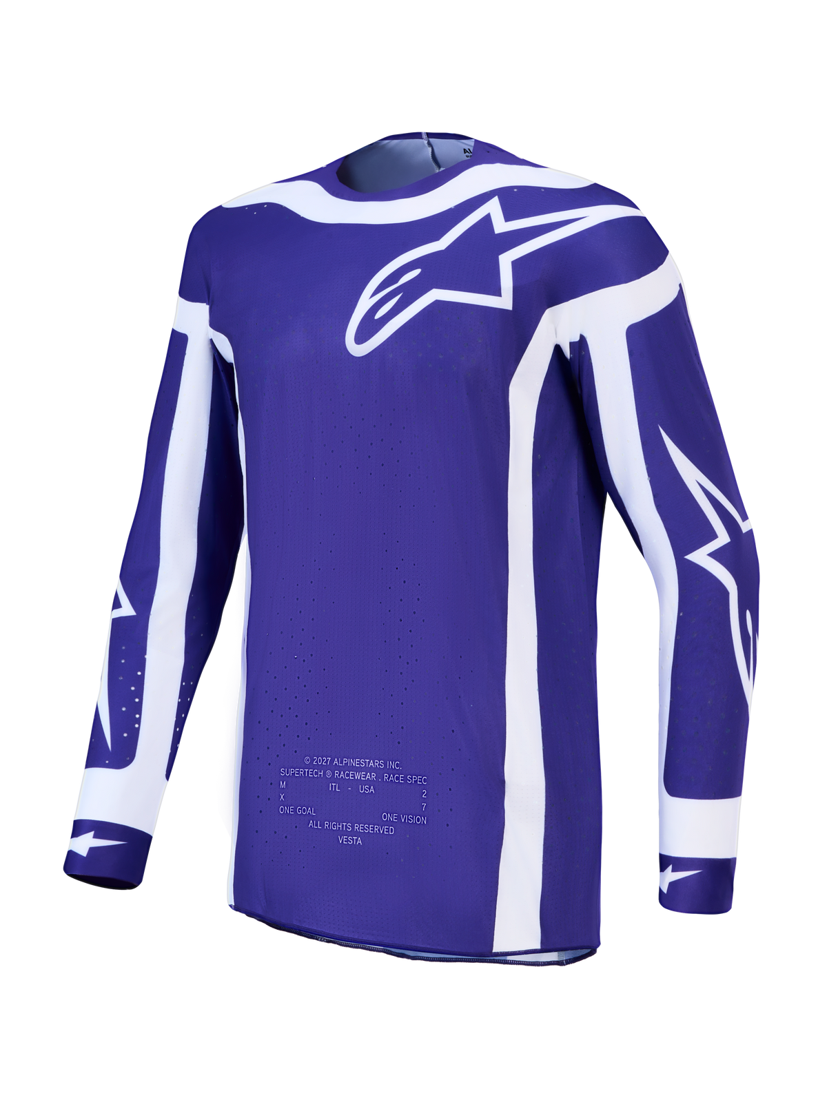 Alpinestars Supertech Vesta Jersey, Men's Deep Blue and White motocross racing jersey with lightweight stretch mesh.