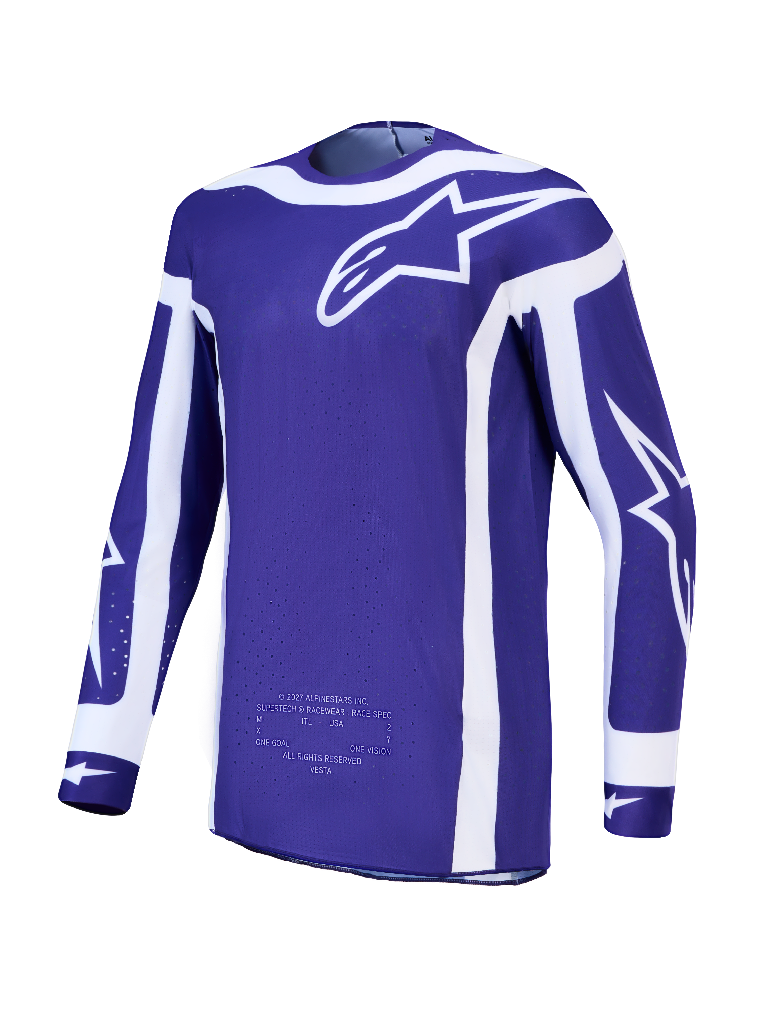 Alpinestars Maglia Supertech Vesta, maglia da motocross da uomo, blu e bianca, in mesh elasticizzato leggero, con logo Astars bianco, ideale per MX e fuoristrada.