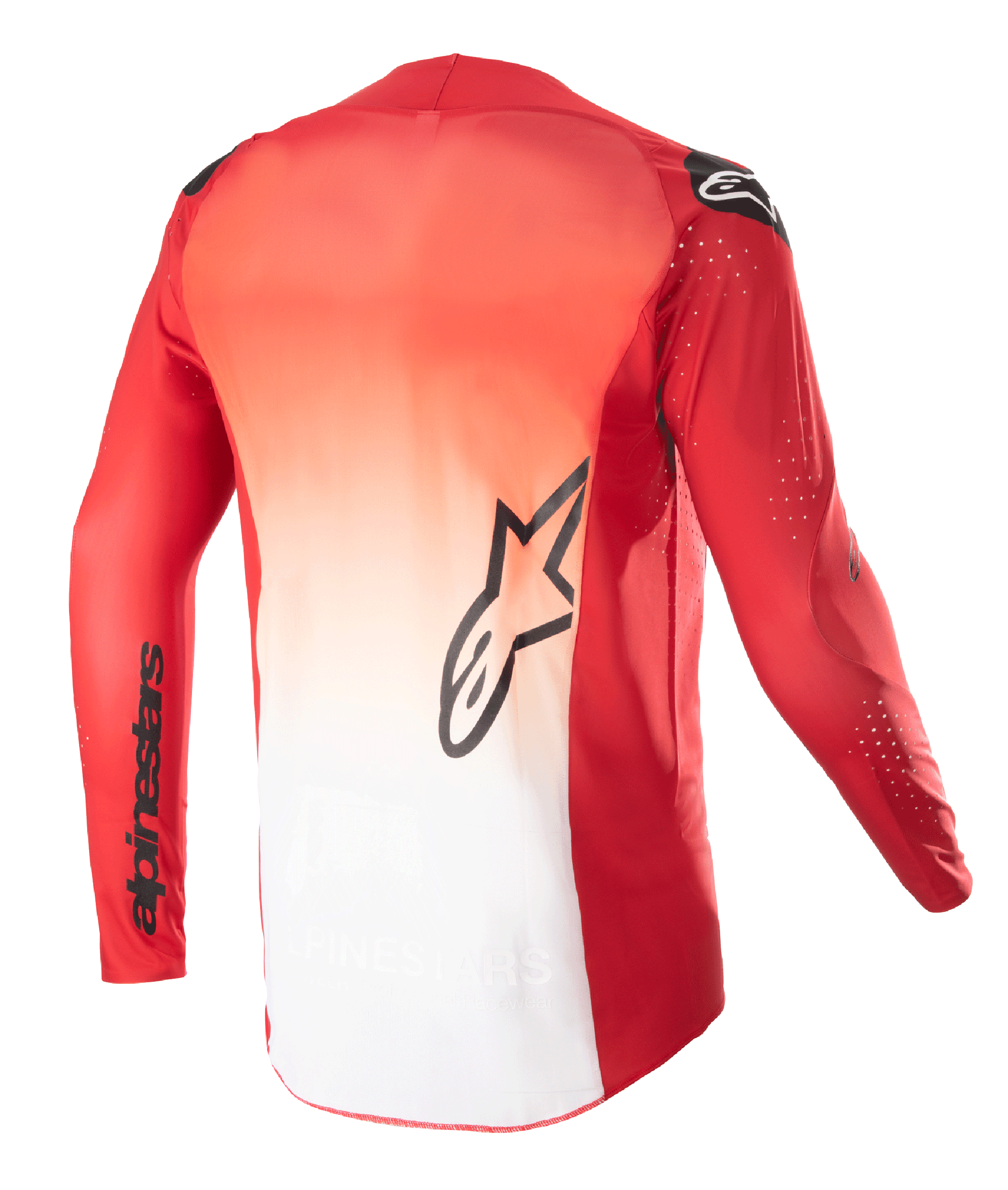 Alpinestars 2023 Supertech Risen Jersey, vista posteriore, design sfumato Mars Red e bianco, con logo Alpinestars a stella nero al centro della schiena e nome del brand sulla manica, maglia da motocross a maniche lunghe con perforazioni tagliate al laser per la ventilazione.