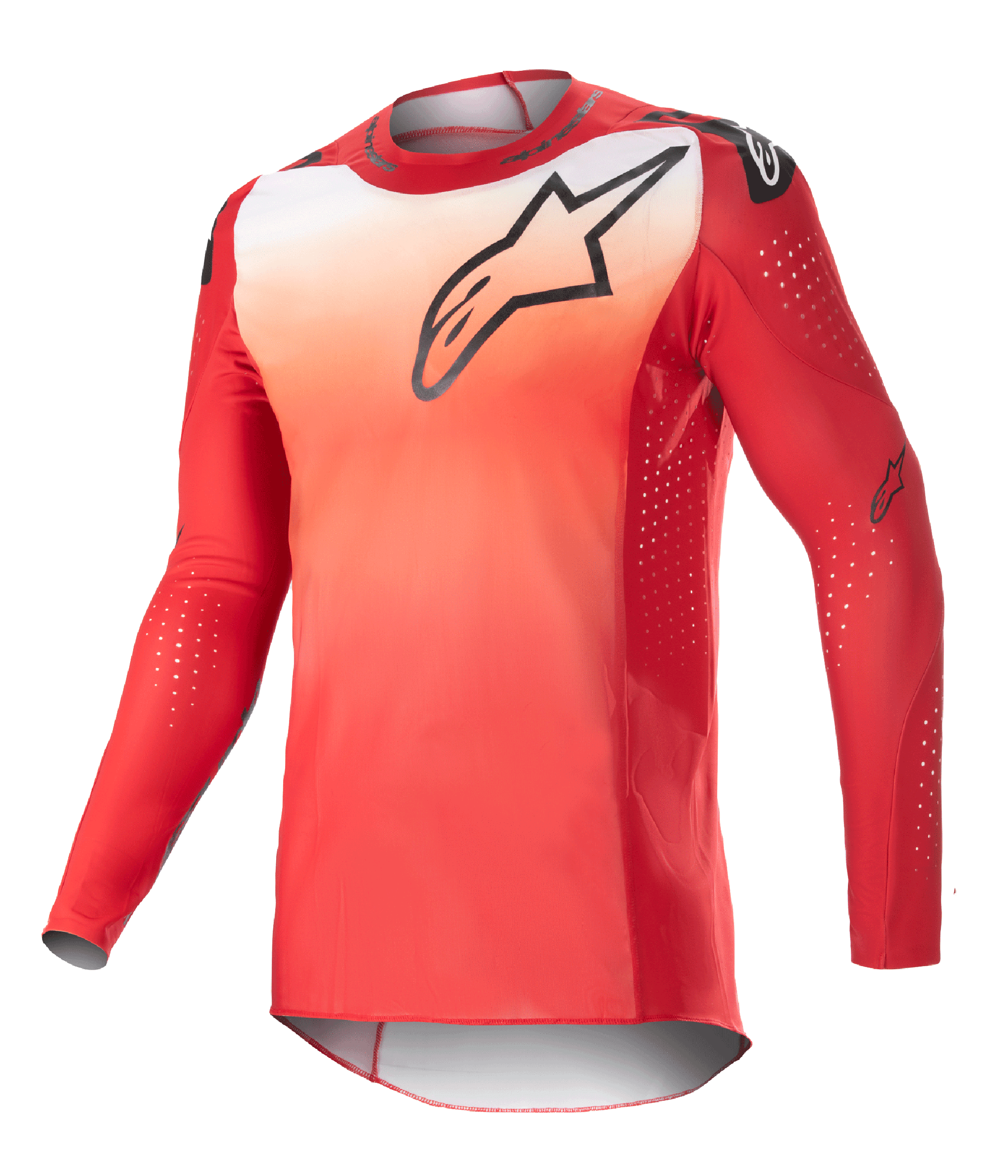 Alpinestars 2023 Supertech Risen Jersey, maglia da motocross a maniche lunghe, gradiente rosso Mars e bianco, logo Astars nero sul petto, maniche traforate con puntini di ventilazione bianchi, vestibilità atletica race per prestazioni fuoristrada