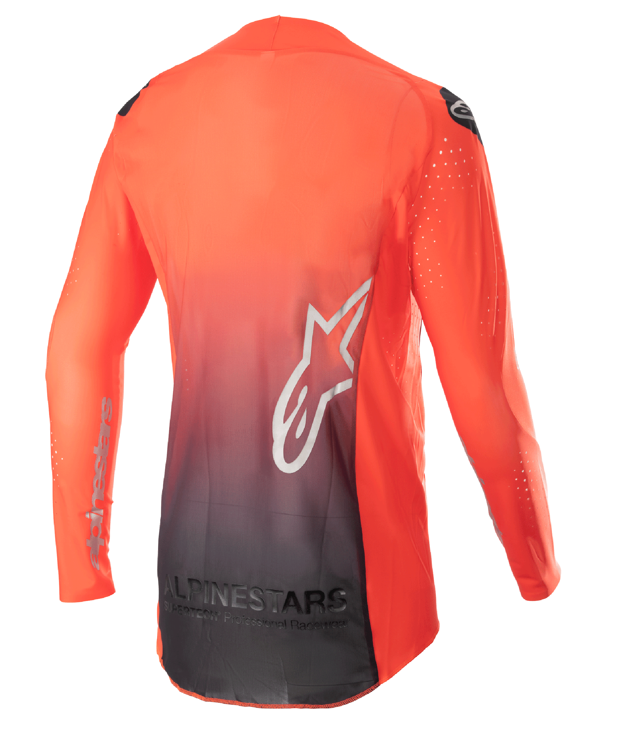 Alpinestars Supertech Risen Jersey 2023, maglia da motocross, arancione acceso e nero, vista posteriore con design sfumato da arancione a nero, grande logo a stella bianco sulla schiena e tessuto a rete traspirante per prestazioni fuoristrada.