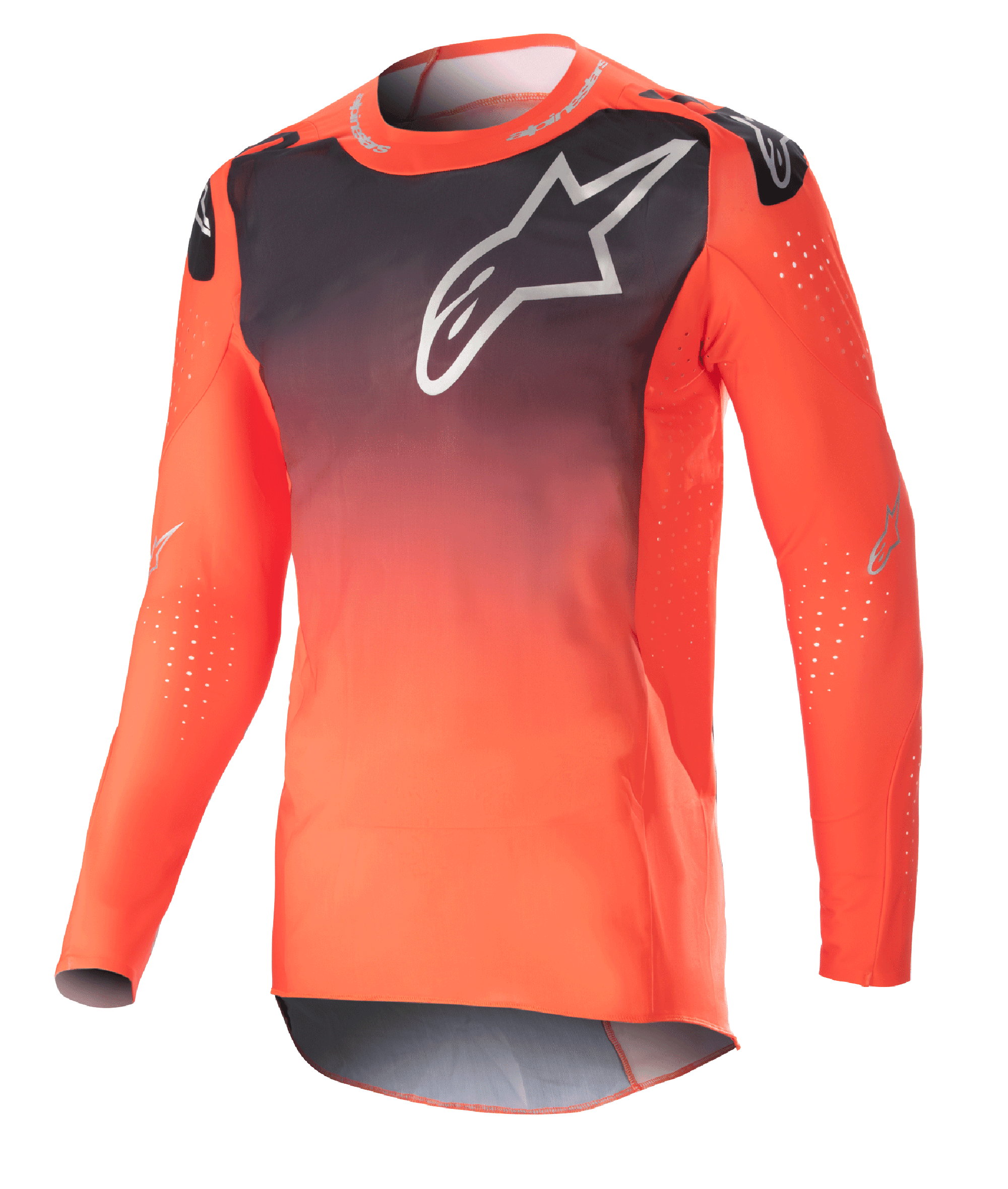 Alpinestars Maglia Supertech Risen 2023, maglia da motocross, sfumatura arancione acceso e nero, con grande logo bianco sul petto, perforazioni tagliate al laser per la ventilazione, tessuto in rete elastica leggera, vestibilità race performante