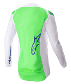 Alpinestars Supertech Risen Jersey 2023, maglia da motocross, bianco e verde fluo con accenti Blue Ray, vista posteriore che mette in risalto la rete elastica traspirante e il pannello posteriore allungato, abbigliamento tecnico leggero per corse fuoristrada