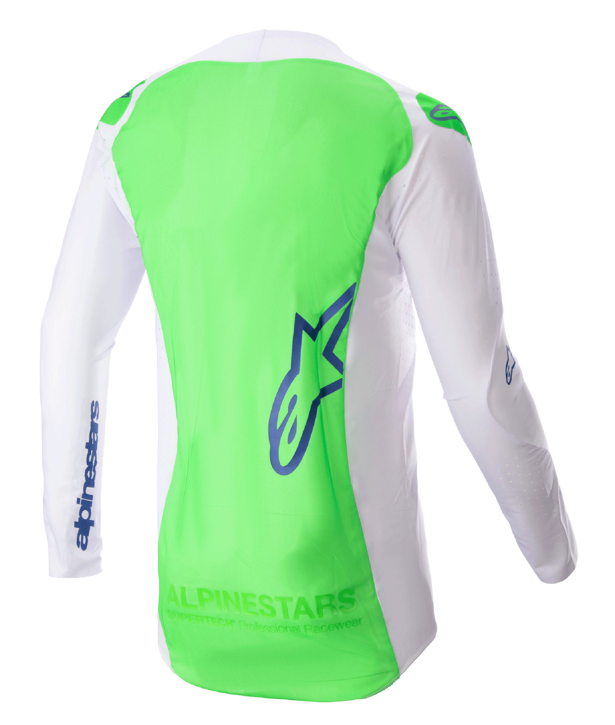 Alpinestars Supertech Risen Jersey 2023, maglia da motocross, bianco e verde fluo con accenti Blue Ray, vista posteriore che mette in risalto la rete elastica traspirante e il pannello posteriore allungato, abbigliamento tecnico leggero per corse fuoristrada