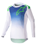Alpinestars Maglia Supertech Risen 2023, maglia da motocross, Blue Ray e bianco con logo verde fluo, design sfumato sul torso, maniche lunghe perforate, vestibilità atletica race, abbigliamento per corse fuoristrada