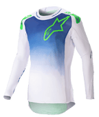 Alpinestars Maglia Supertech Risen 2023, maglia da motocross, Blue Ray e bianco con logo verde fluo, design sfumato sul torso, maniche lunghe perforate, vestibilità atletica race, abbigliamento per corse fuoristrada