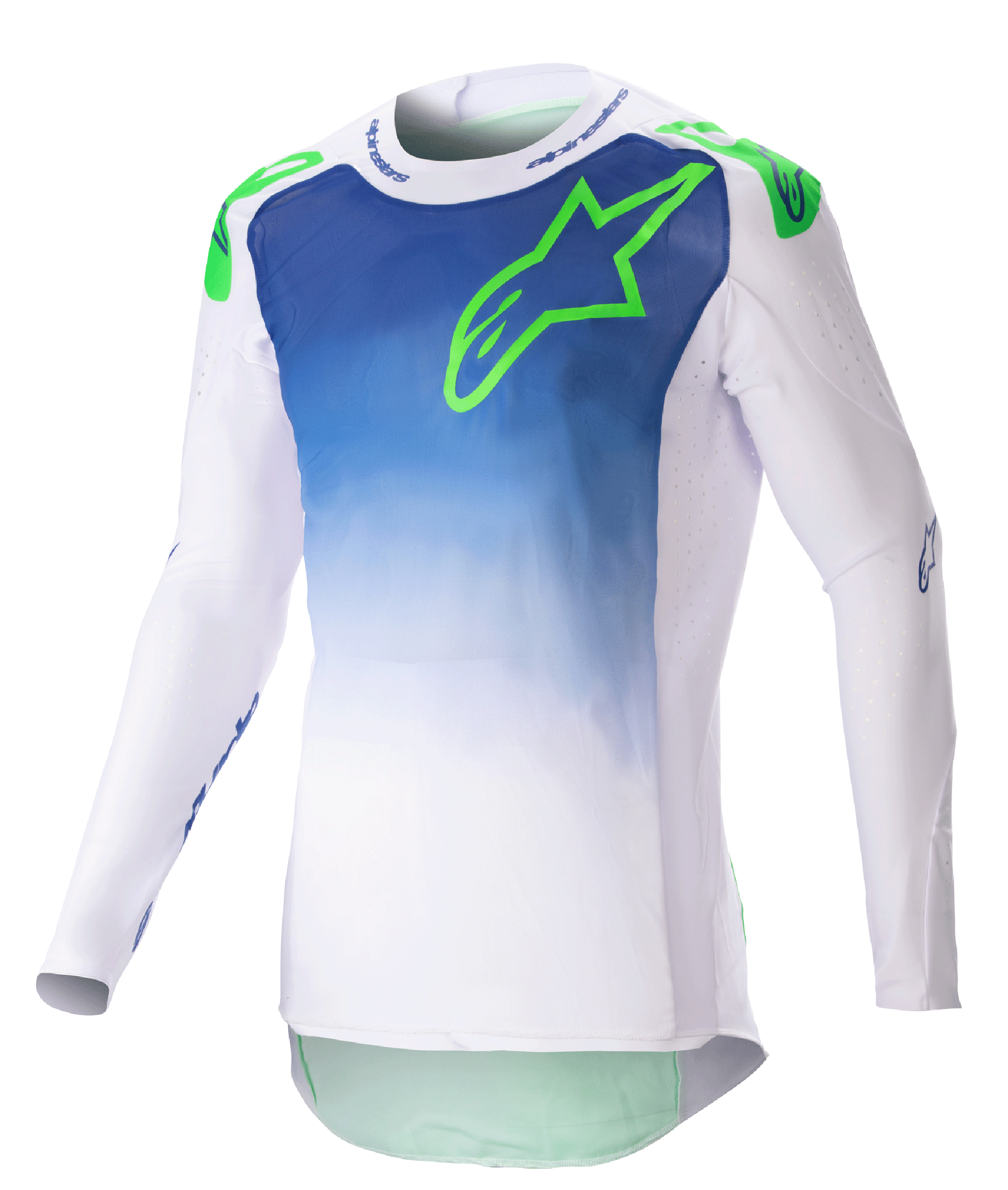 Alpinestars Maglia Supertech Risen 2023, maglia da motocross, Blue Ray e bianco con logo verde fluo, design sfumato sul torso, maniche lunghe perforate, vestibilità atletica race, abbigliamento per corse fuoristrada