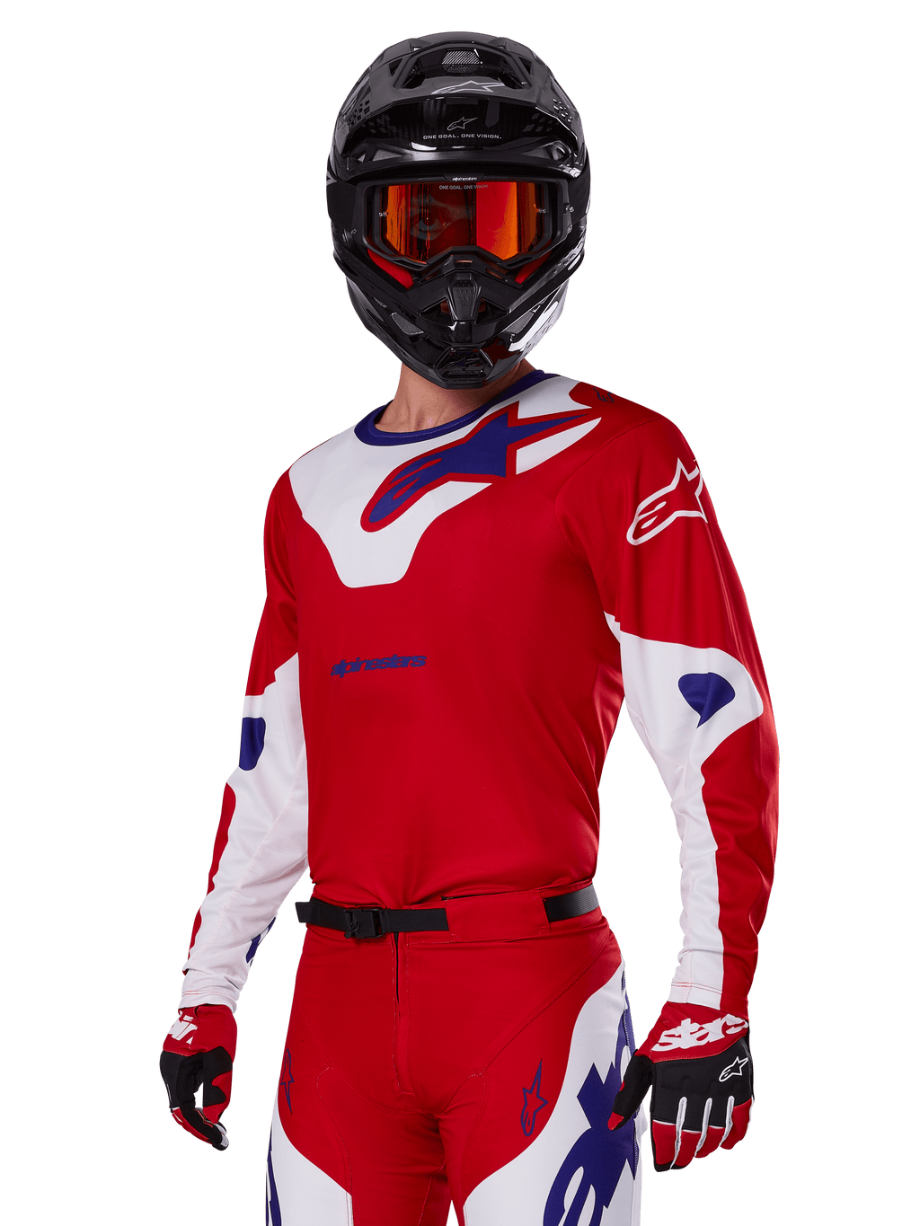 Set Gear Alpinestars Racer Veil 2025, pilota di motocross con maglia e pantaloni da gara rossi, bianchi e blu, casco nero con occhiali a specchio arancioni, guanti rossi e bianchi, abbigliamento tecnico per fuoristrada con loghi evidenti