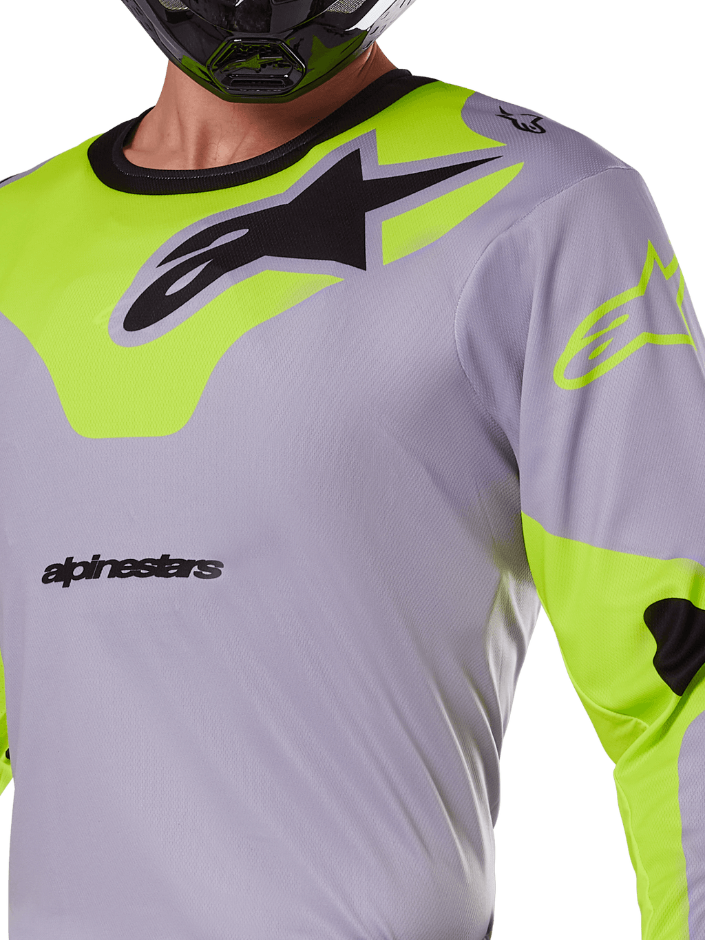 Alpinestars 2025 Racer Veil Jersey, maglia da motocross, grigio e giallo fluo, con grande logo Astars nero sul petto, pannelli su spalle e maniche giallo neon, tessuto mesh tecnico per gare fuoristrada
