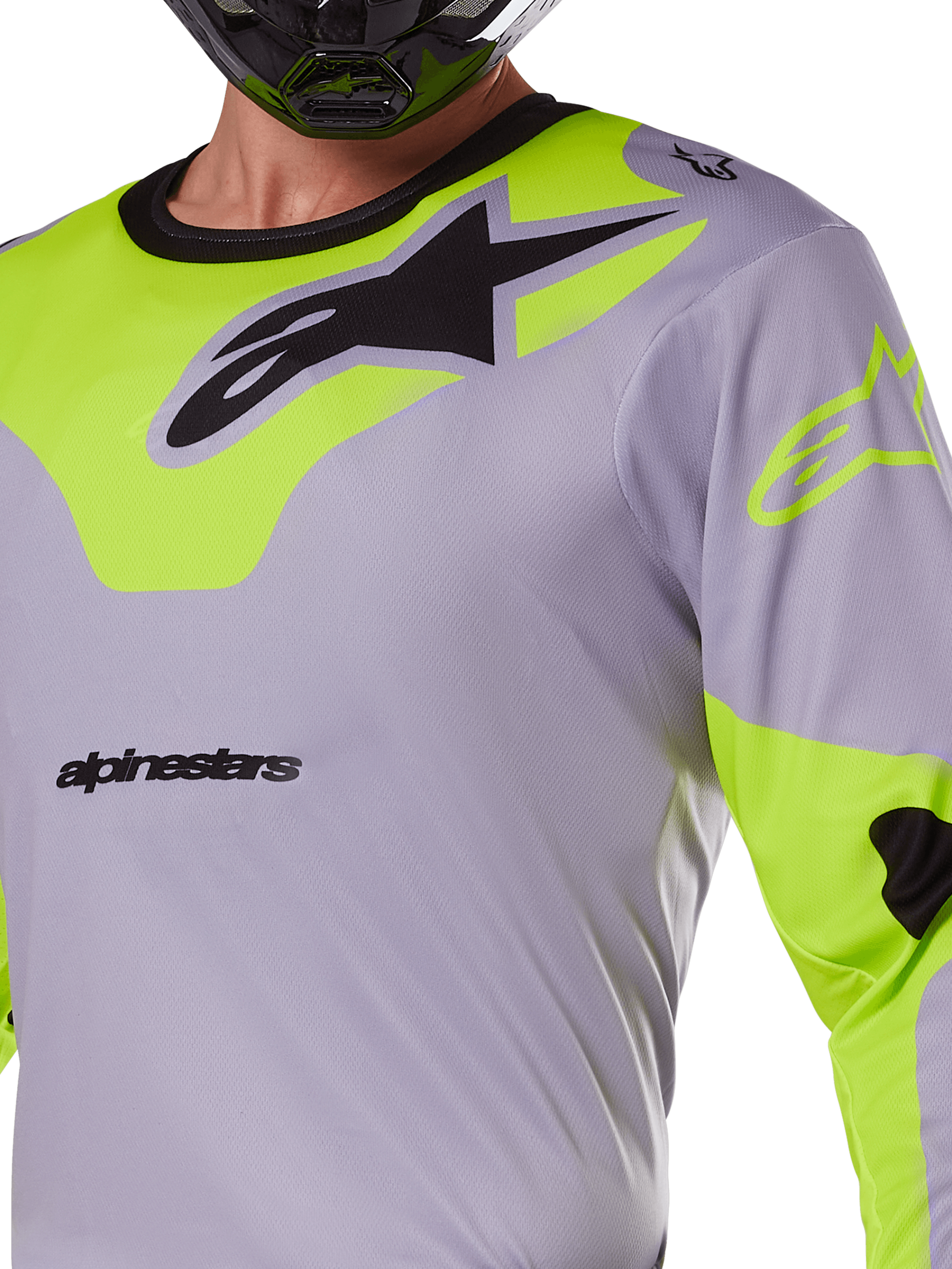 Alpinestars 2025 Racer Veil Jersey, maglia da motocross, grigio e giallo fluo, con grande logo Astars nero sul petto, pannelli su spalle e maniche giallo neon, tessuto mesh tecnico per gare fuoristrada