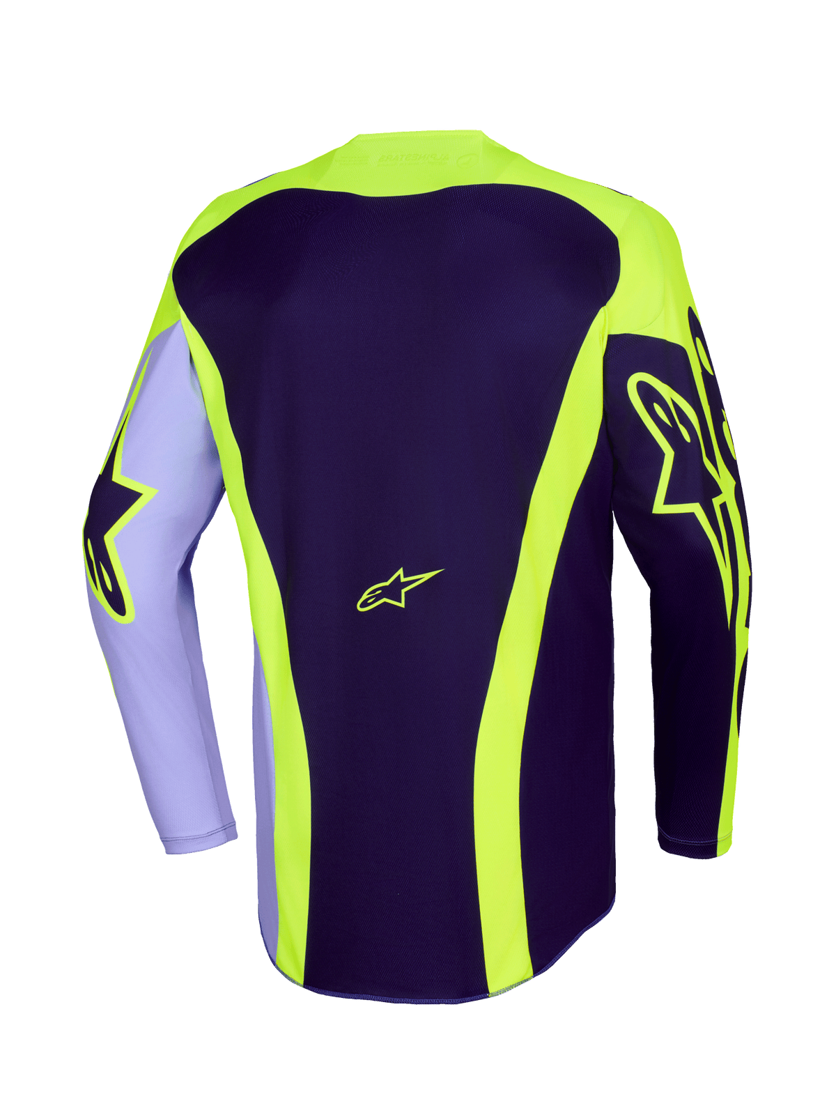 Alpinestars 2026 Racer Portl Jersey, maglia da motocross, viola e giallo fluo, vista posteriore con loghi Astar giallo neon su maniche e retro, strisce curve e orlo posteriore allungato per gare off-road