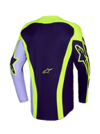 Alpinestars 2026 Racer Portl Jersey, maglia da motocross, viola e giallo fluo, vista posteriore con loghi Astar giallo neon su maniche e retro, strisce curve e orlo posteriore allungato per gare off-road