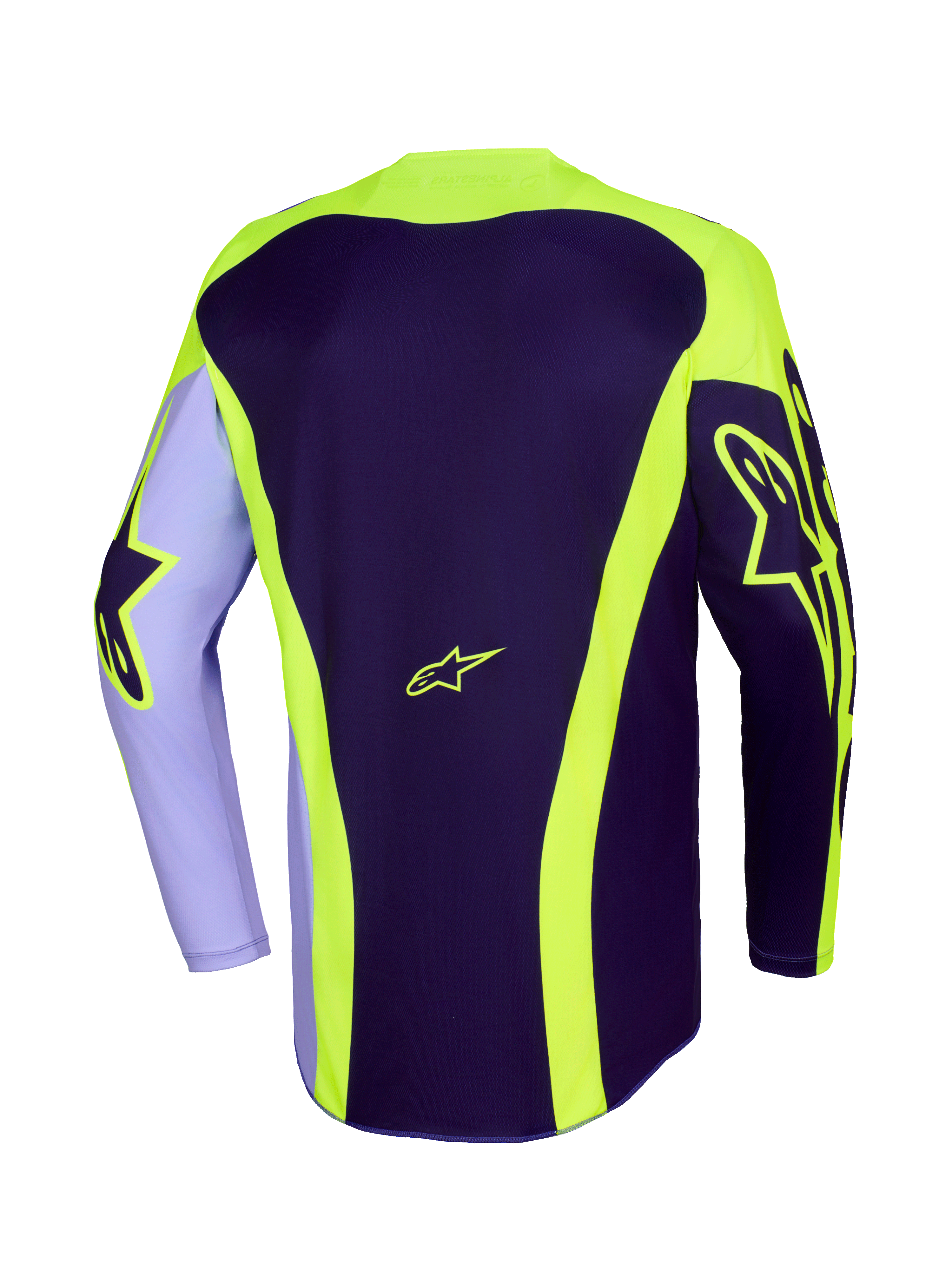 Alpinestars 2026 Racer Portl Jersey, maglia da motocross, viola e giallo fluo, vista posteriore con loghi Astar giallo neon su maniche e retro, strisce curve e orlo posteriore allungato per gare off-road