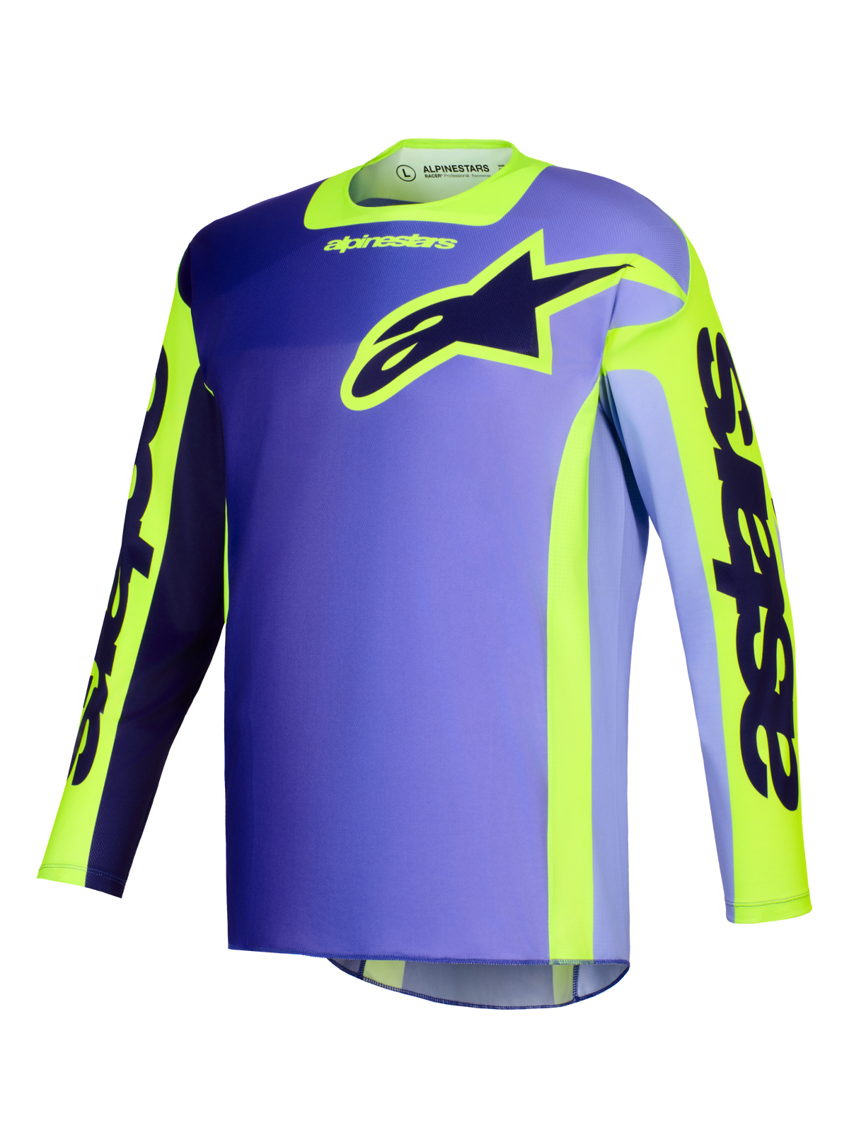 Alpinestars 2026 Racer Portl Jersey, maglia da motocross, viola e giallo fluo, con corpo viola sfumato e vivaci accenti gialli, grande logo Alpinestars a stella sul petto e marchio 'astars' sulle maniche