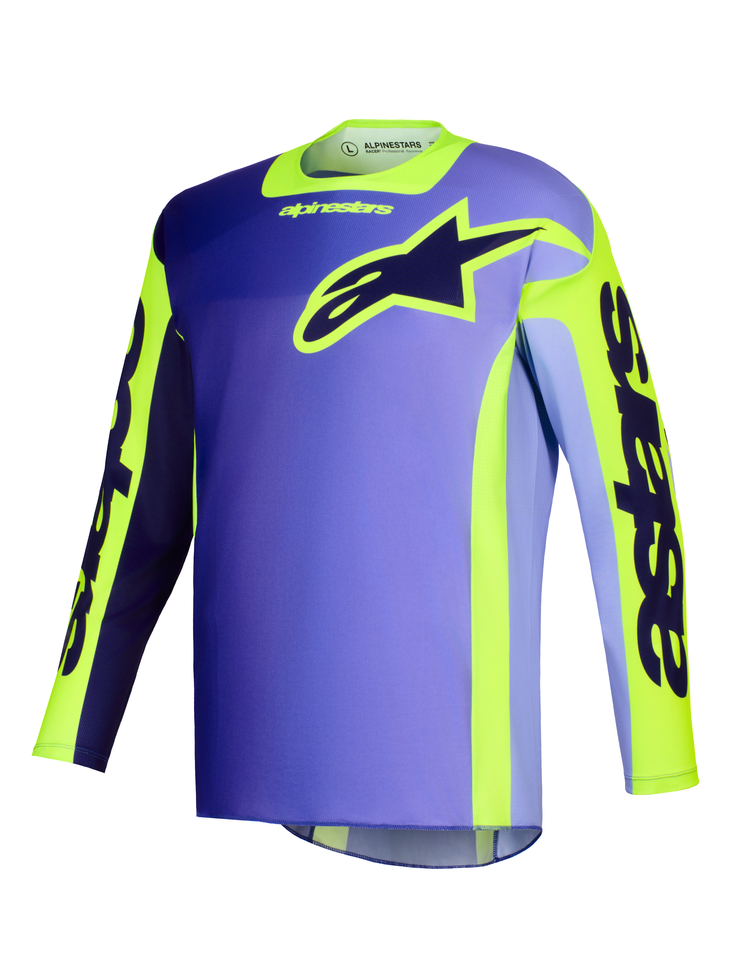 Alpinestars 2026 Racer Portl Jersey, maglia da motocross, viola e giallo fluo, con corpo viola sfumato e vivaci accenti gialli, grande logo Alpinestars a stella sul petto e marchio 'astars' sulle maniche