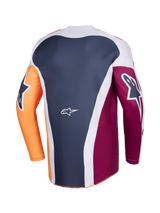 Alpinestars 2026 Racer Portl Jersey, maglia da motocross, rosso arancio e grigio scuro, vista posteriore con costruzione a più pannelli, logo Alpinestars bianco sulla parte inferiore della schiena, loghi grafici audaci sulle maniche lunghe, abbigliamento tecnico per corse fuoristrada