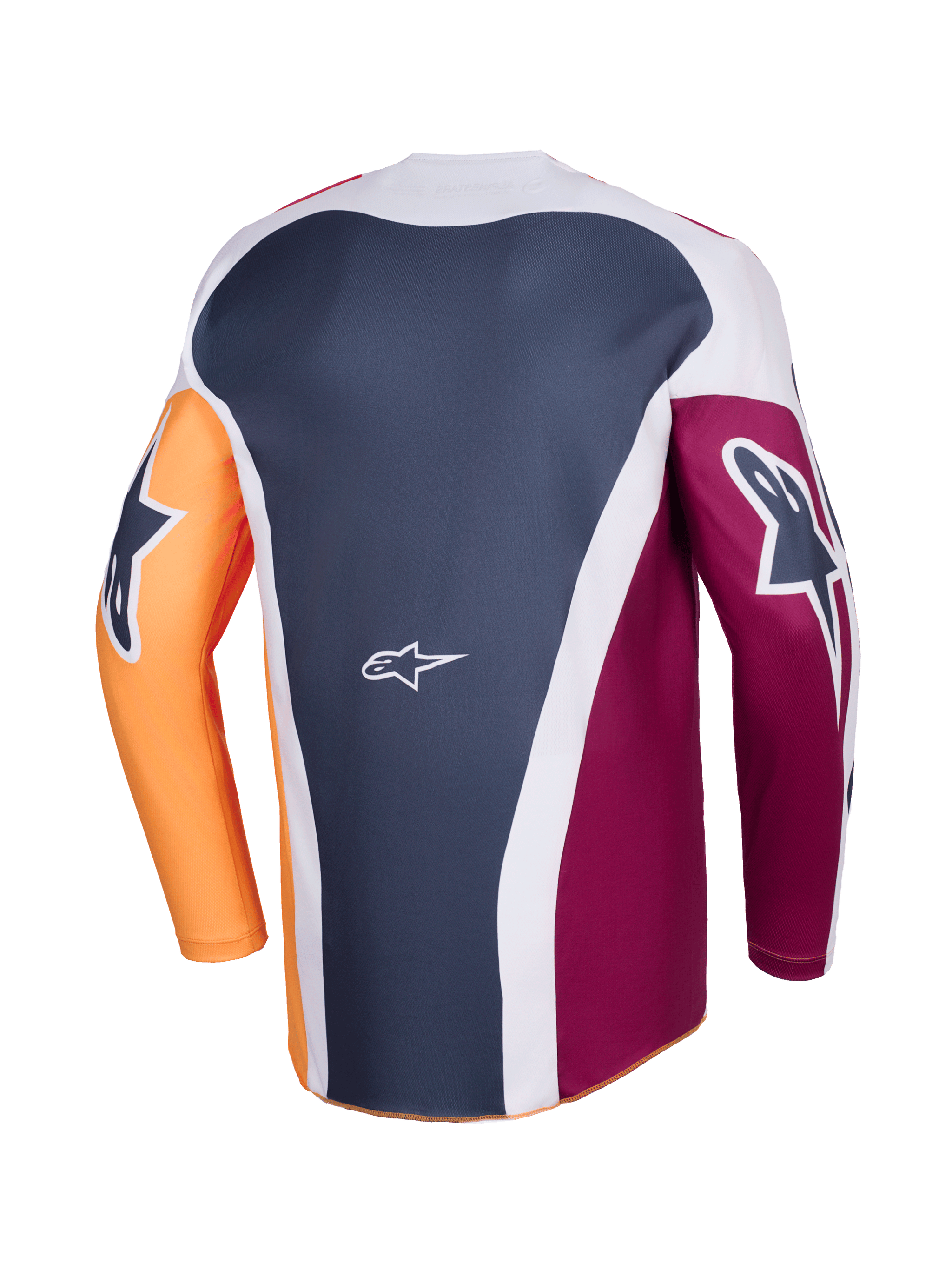 Alpinestars 2026 Racer Portl Jersey, maglia da motocross, rosso arancio e grigio scuro, vista posteriore con costruzione a più pannelli, logo Alpinestars bianco sulla parte inferiore della schiena, loghi grafici audaci sulle maniche lunghe, abbigliamento tecnico per corse fuoristrada