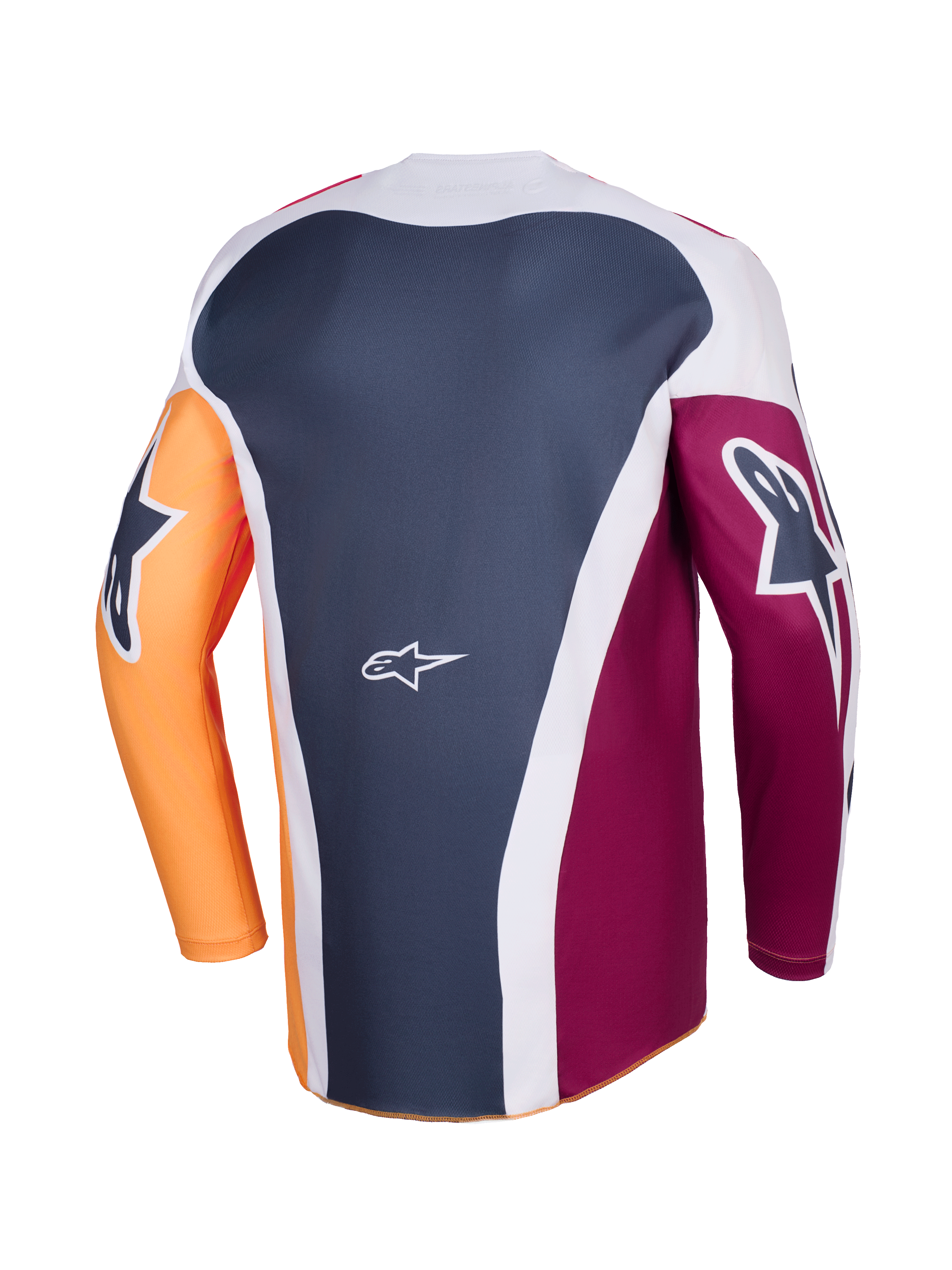 Alpinestars 2026 Racer Portl Jersey, maglia da motocross, rosso arancio e grigio scuro, vista posteriore con costruzione a più pannelli, logo Alpinestars bianco sulla parte inferiore della schiena, loghi grafici audaci sulle maniche lunghe, abbigliamento tecnico per corse fuoristrada