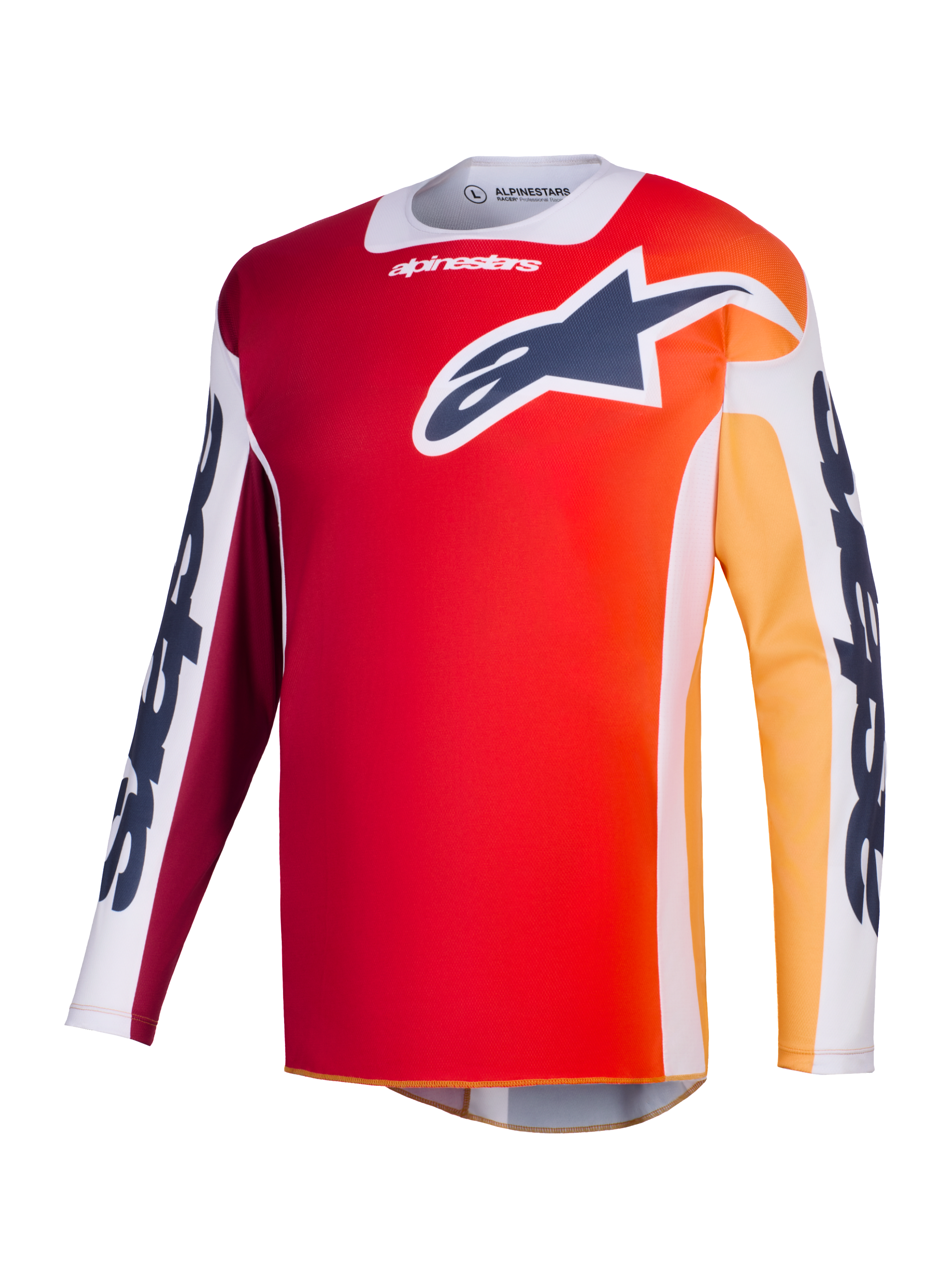 Maglia Alpinestars 2026 Racer Portl, maglia da motocross, rosso con sfumatura arancione e gialla, logo Astar blu navy sul petto, pannelli delle maniche bianchi con branding Alpinestars, abbigliamento tecnico per gare fuoristrada