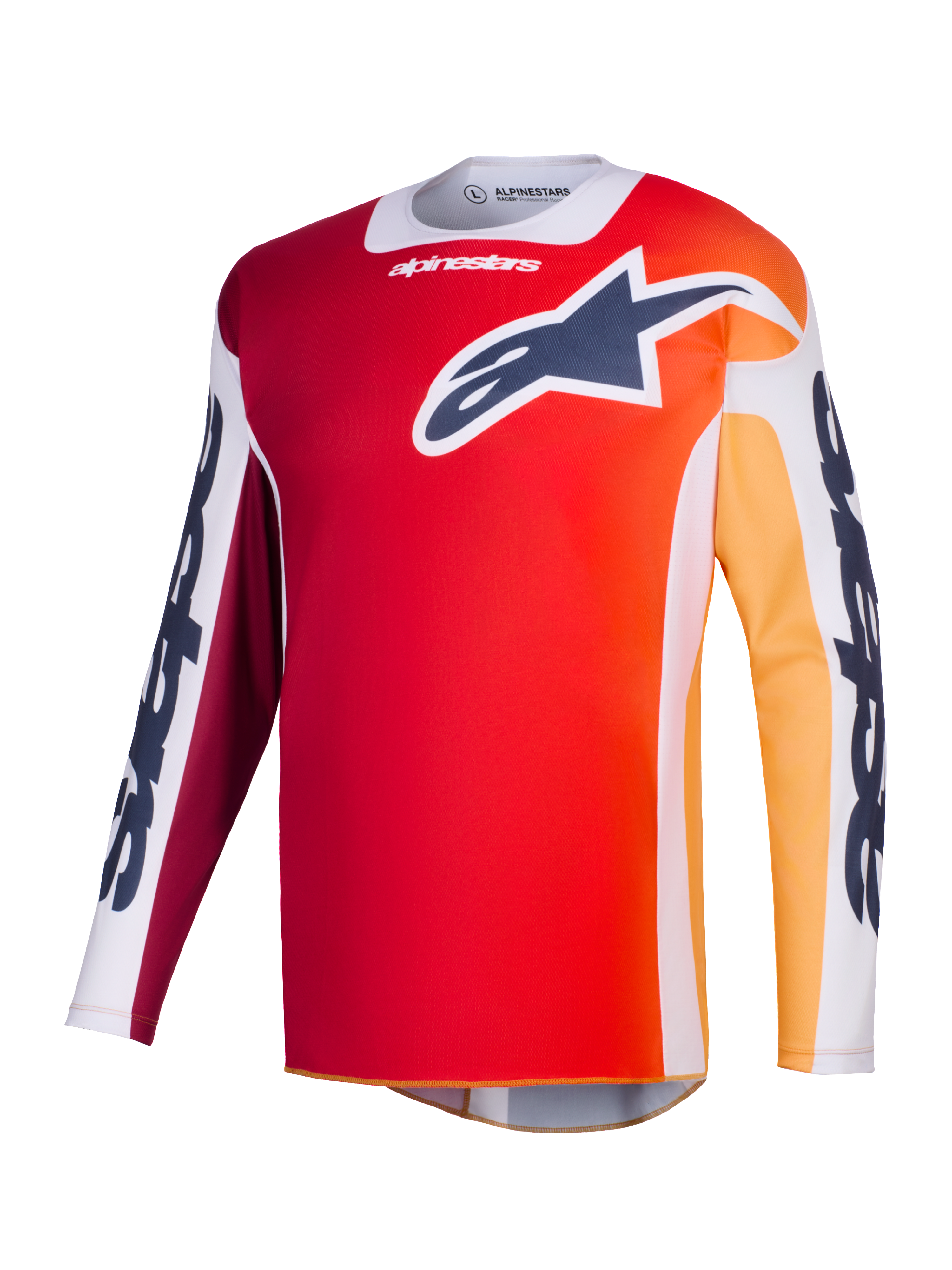 Maglia Alpinestars 2026 Racer Portl, maglia da motocross, rosso con sfumatura arancione e gialla, logo Astar blu navy sul petto, pannelli delle maniche bianchi con branding Alpinestars, abbigliamento tecnico per gare fuoristrada