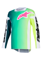 Alpinestars 2026 Racer Portl Jersey, maglia da motocross, sfumatura verde e gialla, vivace logo rosa sul petto, maniche bianche con vistosa scritta Alpinestars nera, tessuto tecnico leggero per la guida fuoristrada