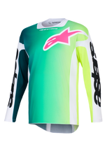 Alpinestars 2026 Racer Portl Jersey, maglia da motocross, sfumatura verde e gialla, vivace logo rosa sul petto, maniche bianche con vistosa scritta Alpinestars nera, tessuto tecnico leggero per la guida fuoristrada