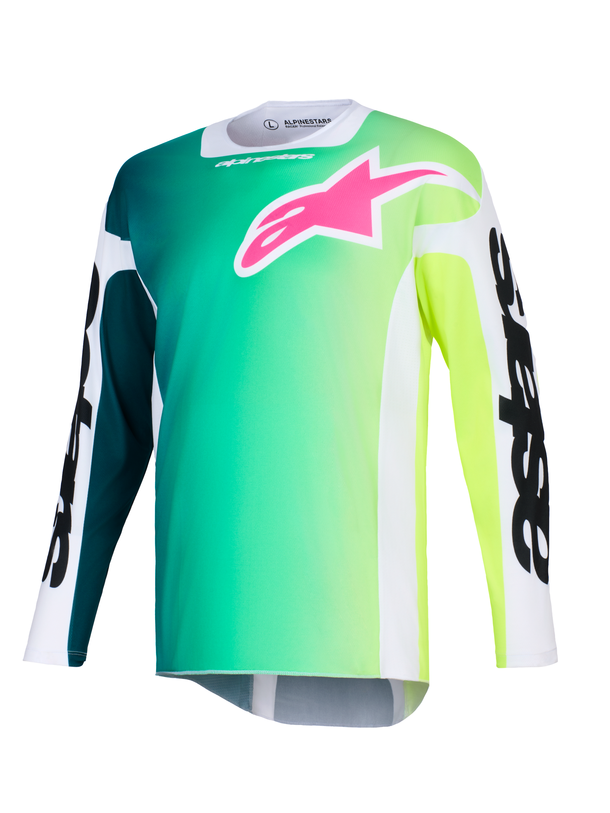 Alpinestars 2026 Racer Portl Jersey, maglia da motocross, sfumatura verde e gialla, vivace logo rosa sul petto, maniche bianche con vistosa scritta Alpinestars nera, tessuto tecnico leggero per la guida fuoristrada