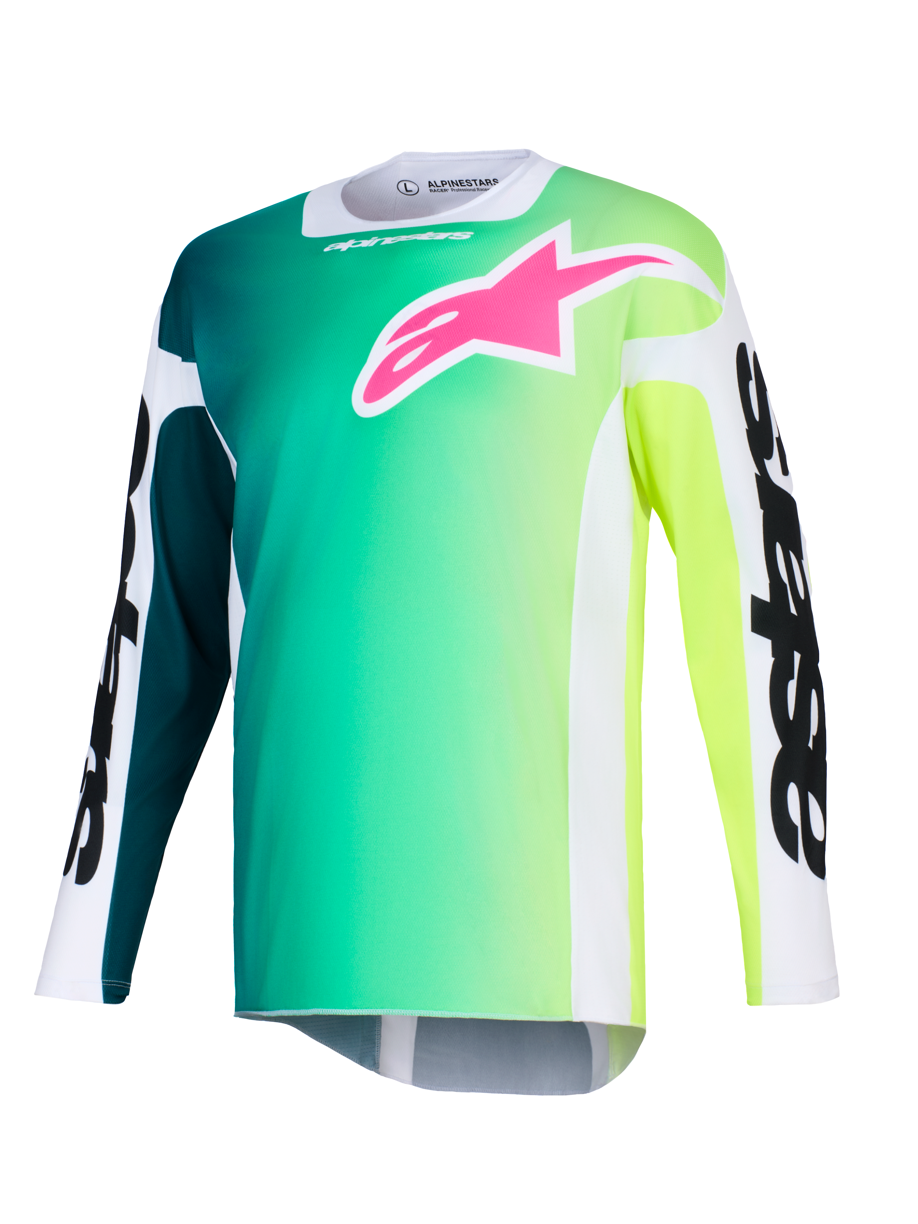 Alpinestars 2026 Racer Portl Jersey, maglia da motocross, sfumatura verde e gialla, vivace logo rosa sul petto, maniche bianche con vistosa scritta Alpinestars nera, tessuto tecnico leggero per la guida fuoristrada