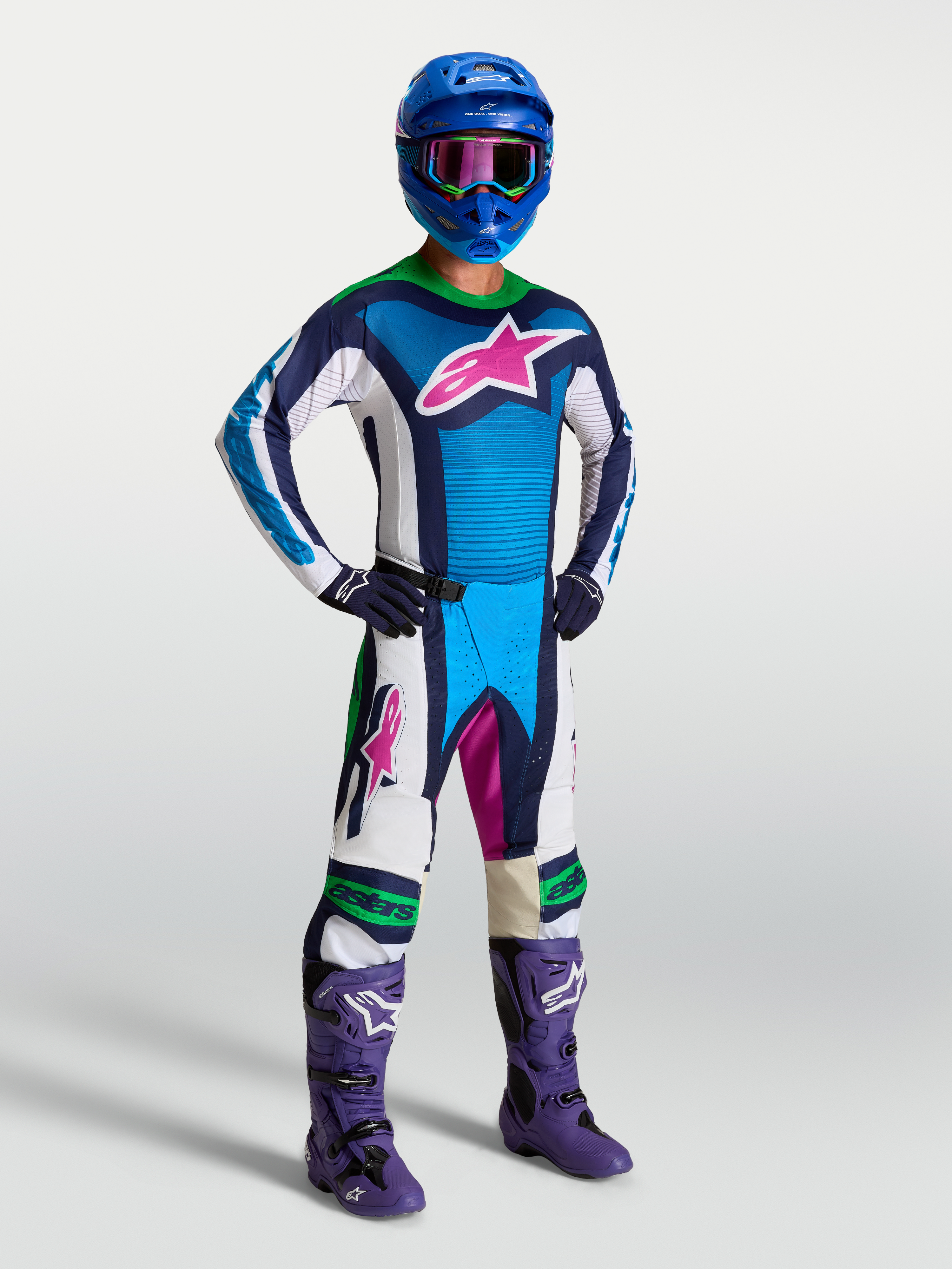 Alpinestars Maglia Techstar Maven, maglia da motocross blu e bianca con vestibilità atletica e tessuto stretch traspirante.