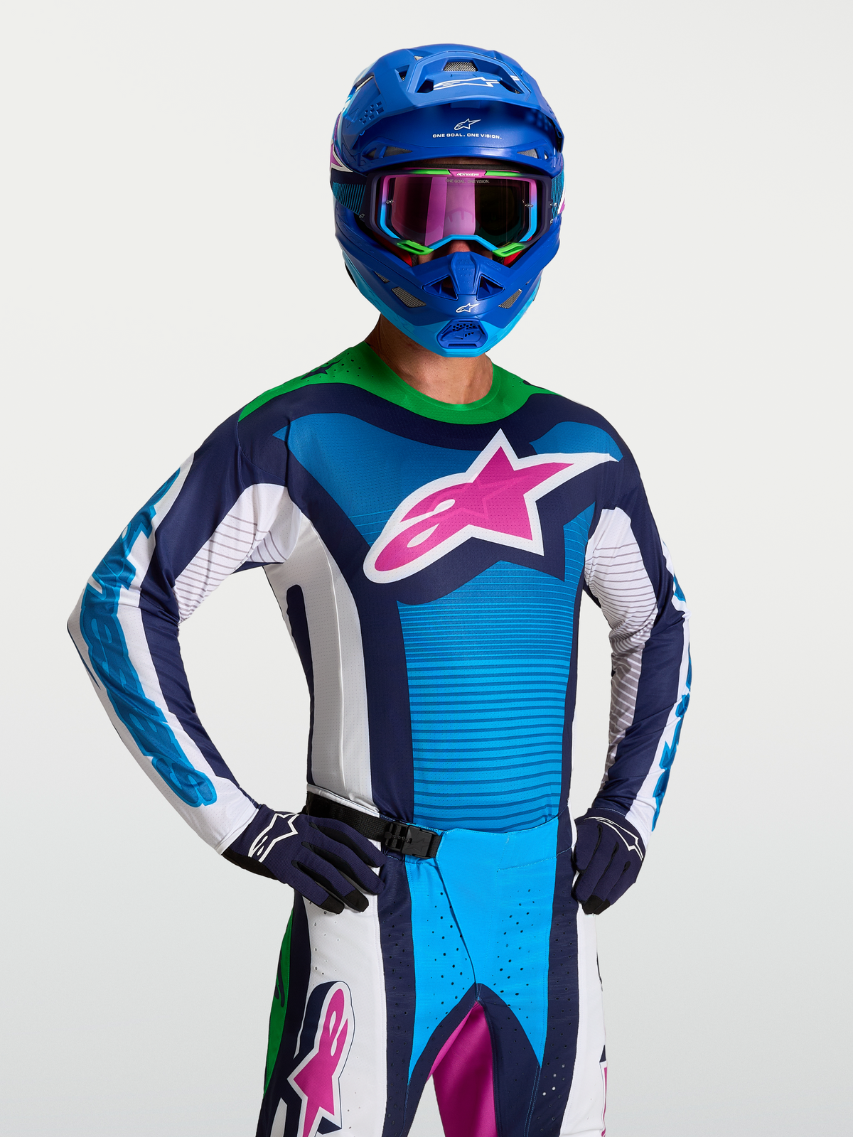 Alpinestars Maglia Techstar Maven, maglia da motocross da uomo blu e bianca con logo a stella rosa e colletto verde fluo
