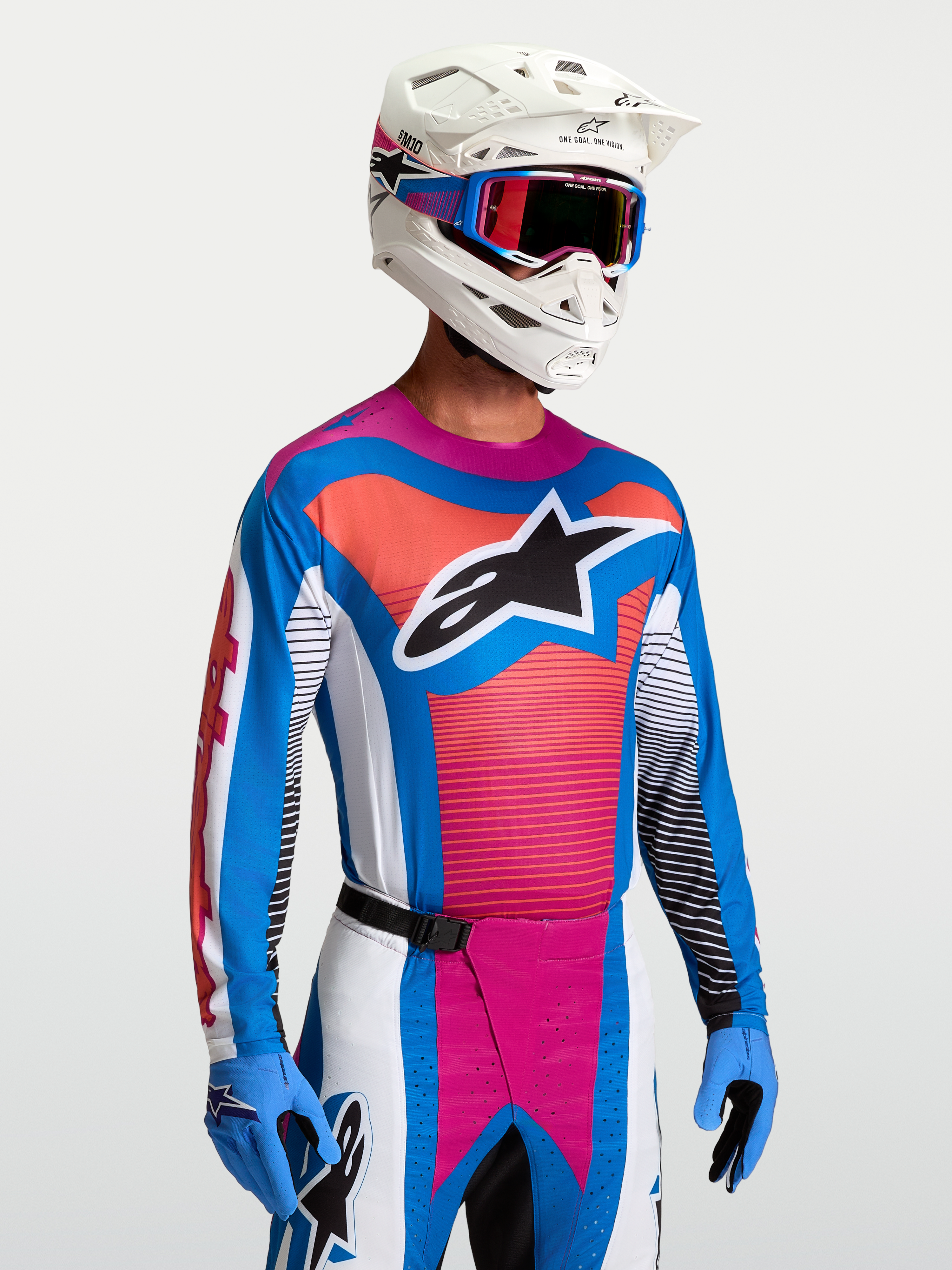 Alpinestars Maglia Techstar Maven, maglia motocross da uomo, blu e corallo, vestibilità atletica per gare fuoristrada.