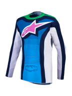 Alpinestars maglia Techstar Maven e Gear Set 2027, maglia motocross blu e verde fluo con logo rosa, tessuto traspirante.