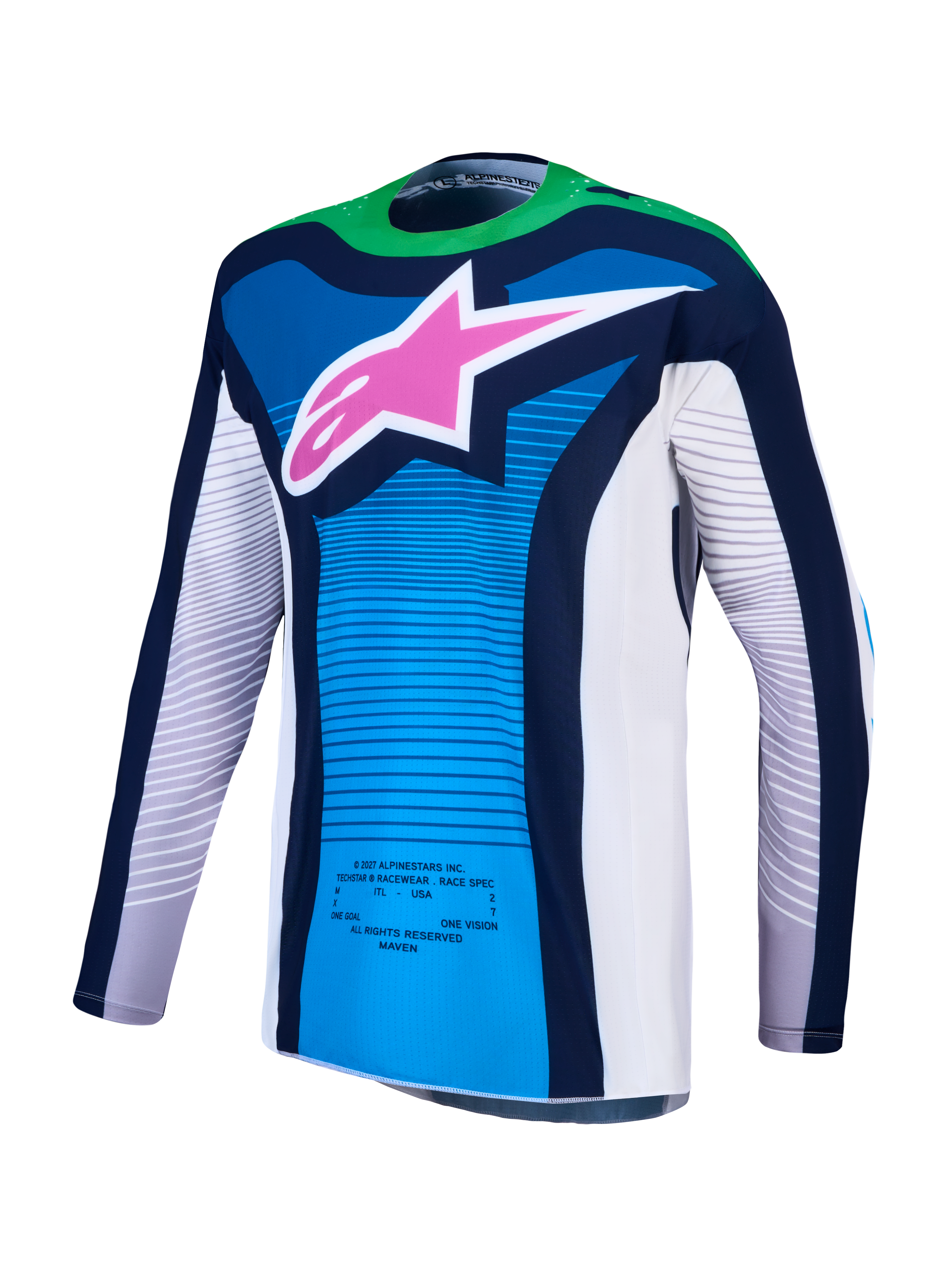 Alpinestars maglia Techstar Maven e Gear Set 2027, maglia motocross blu e verde fluo con logo rosa, tessuto traspirante.