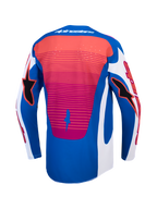 Alpinestars Maglia Techstar Maven, maglia da motocross blu e rossa, vista posteriore, ventilazione tagliata al laser e vestibilità atletica traspirante.