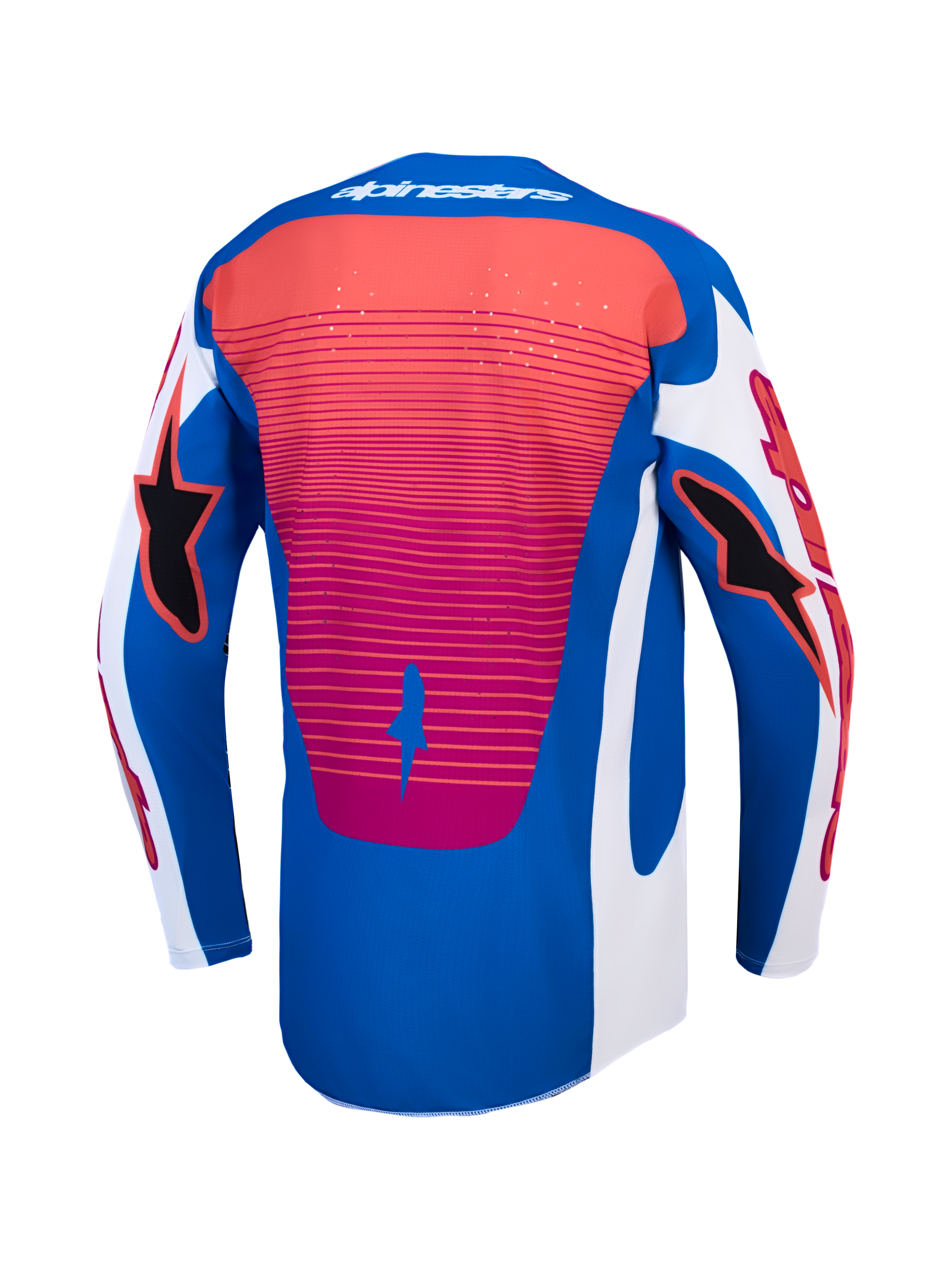 Alpinestars maglia Techstar Maven, maglia da motocross uomo blu e bianca con dettagli corallo e bordo posteriore allungato.