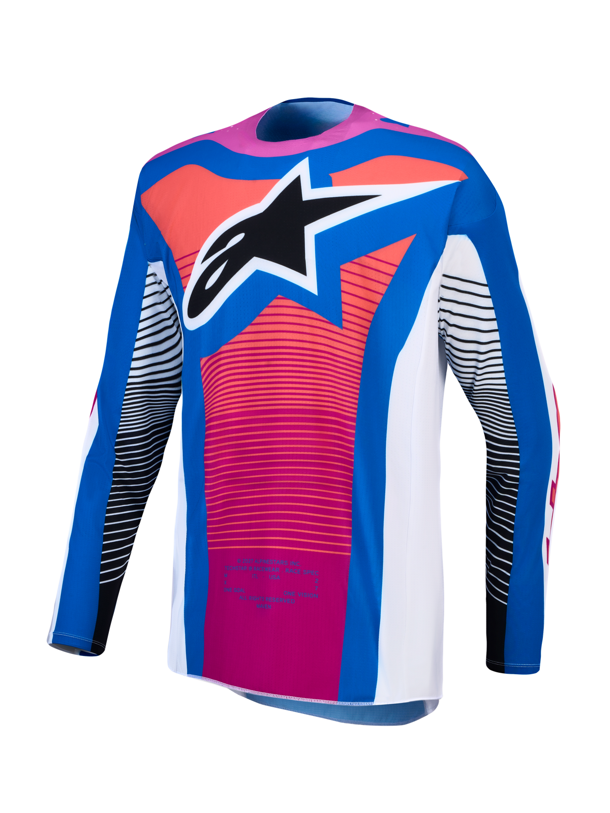 Alpinestars Techstar Maven Motocross Jersey for men features athletic race fit in blue, hot coral, and white with logo.