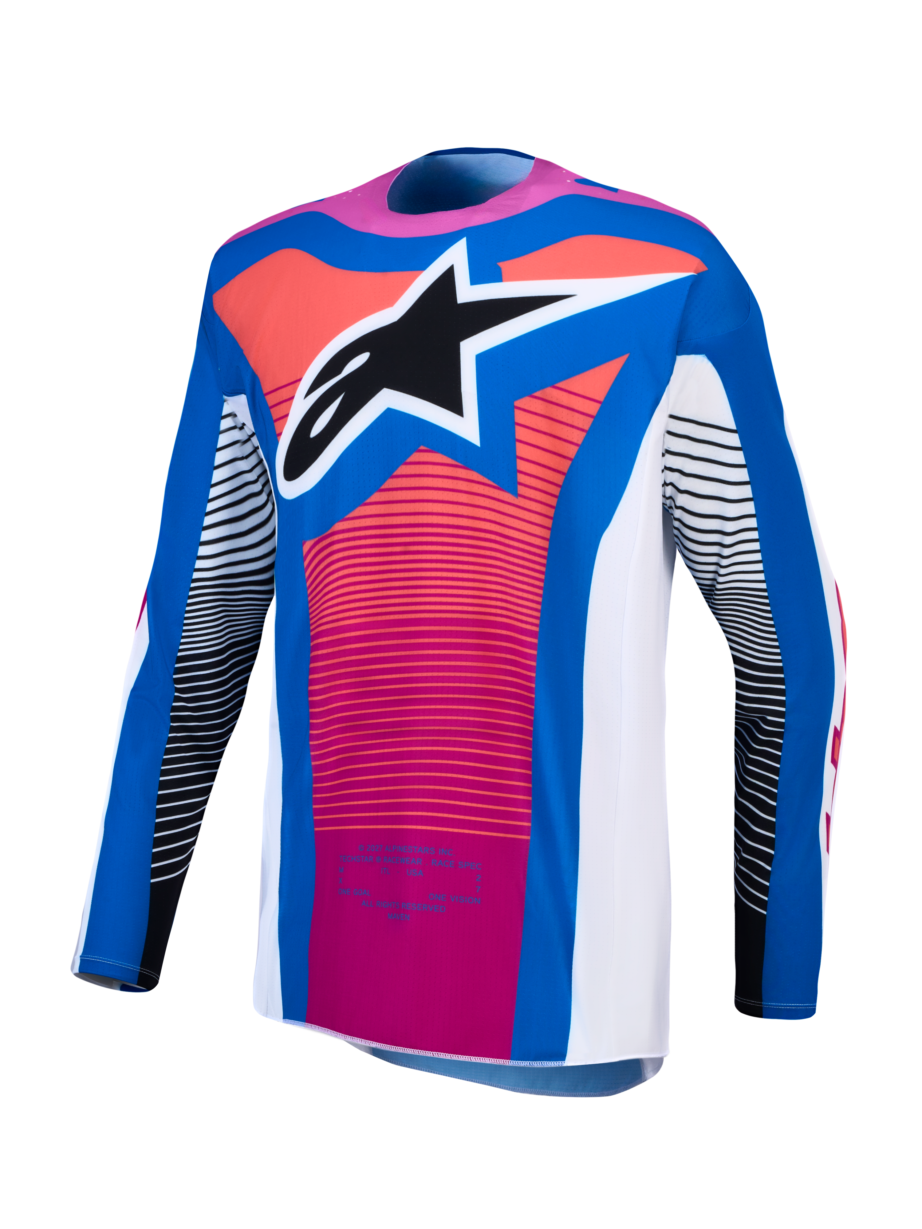 Alpinestars Maglia Techstar Maven, maglia da motocross da uomo, blu, rosa corallo e bianca, vestibilità atletica da gara