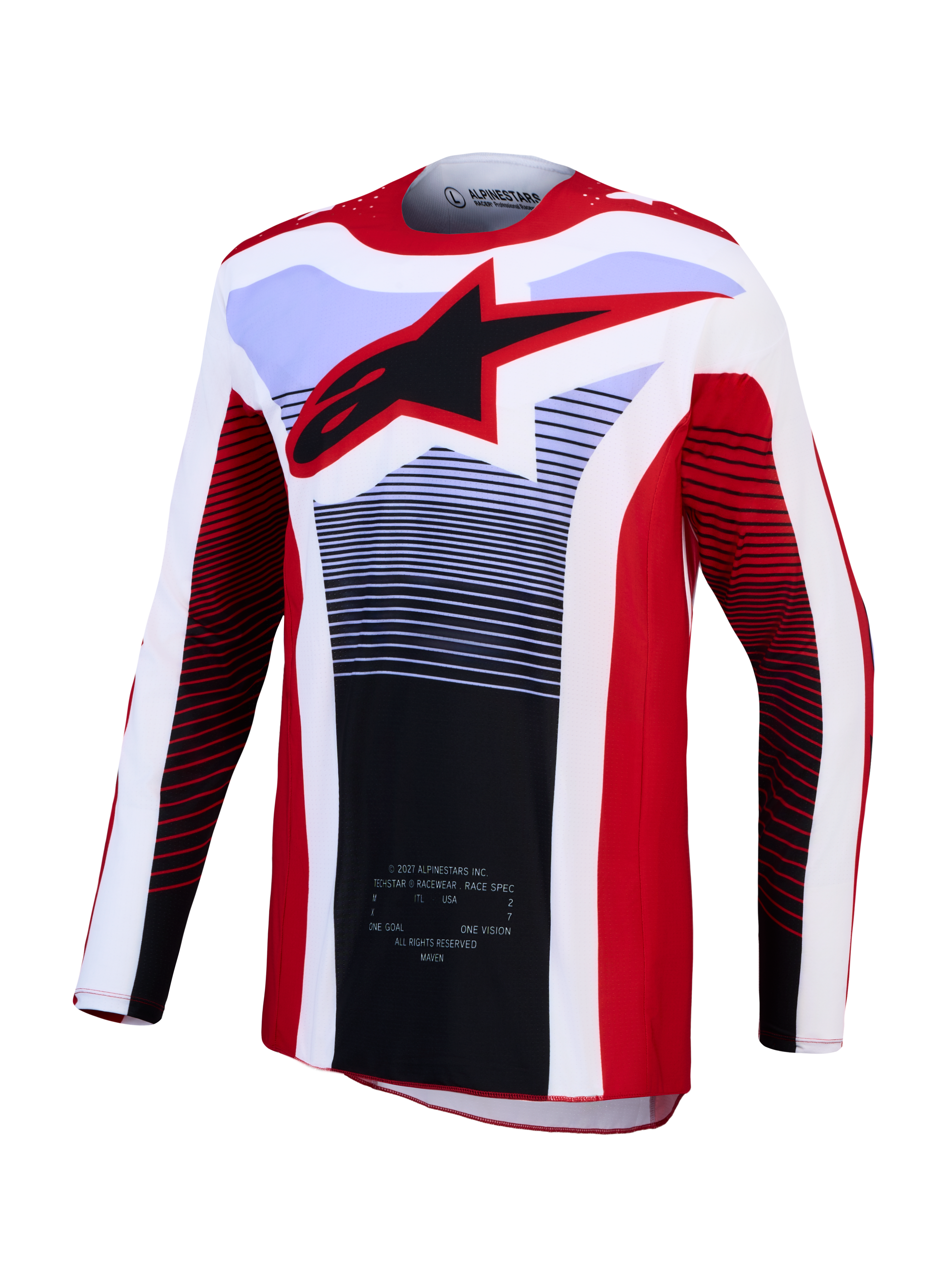 Alpinestars Maglia Techstar Maven, maglia da motocross uomo, rossa e bianca, logo a stella nero e tessuto traspirante.