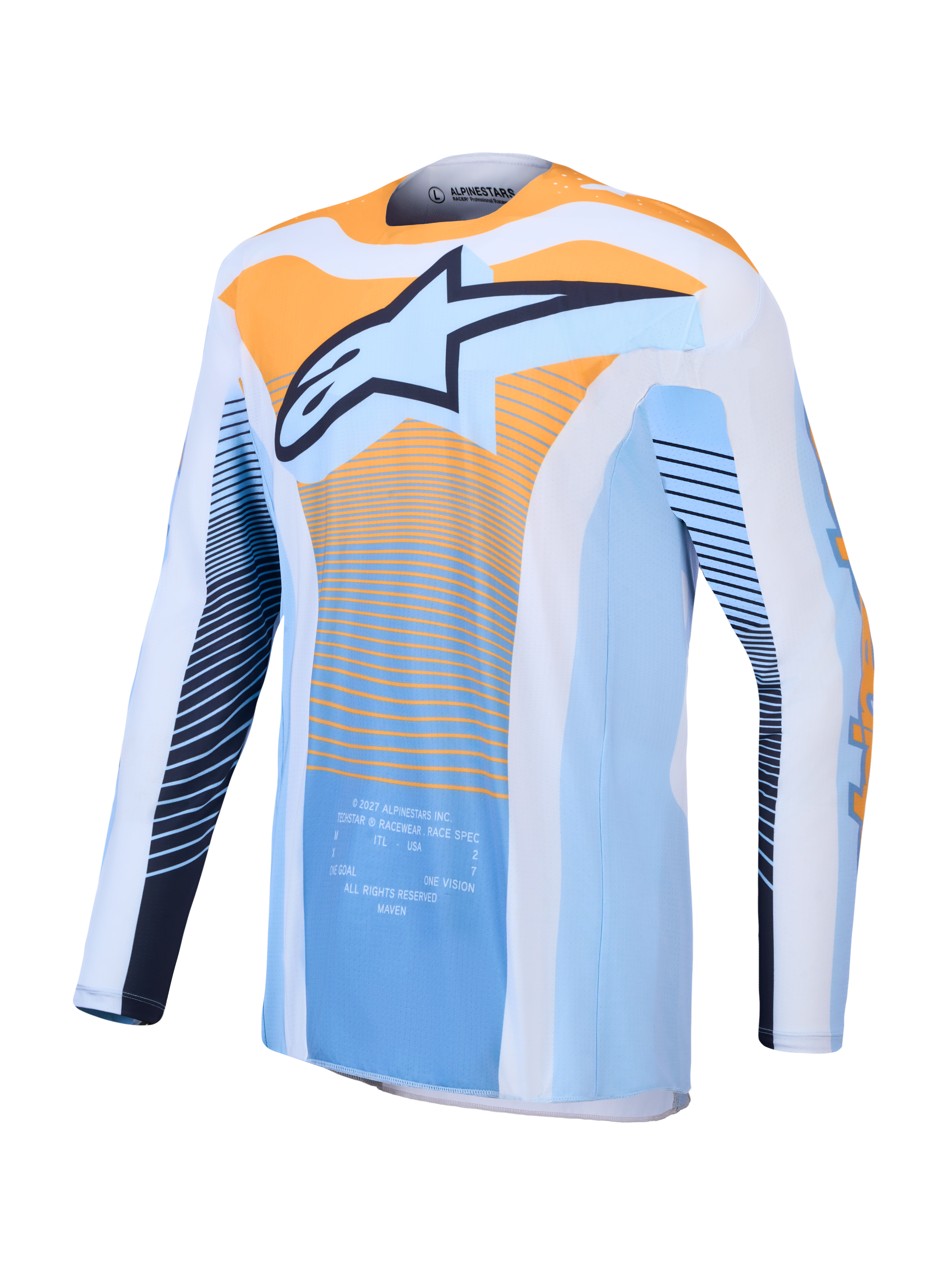 Alpinestars Maglia Techstar Maven, maglia da motocross blu e arancione, vestibilità atletica e tessuto traspirante, logo Alpinestars bianco sul petto, abbigliamento racing per off-road e MX