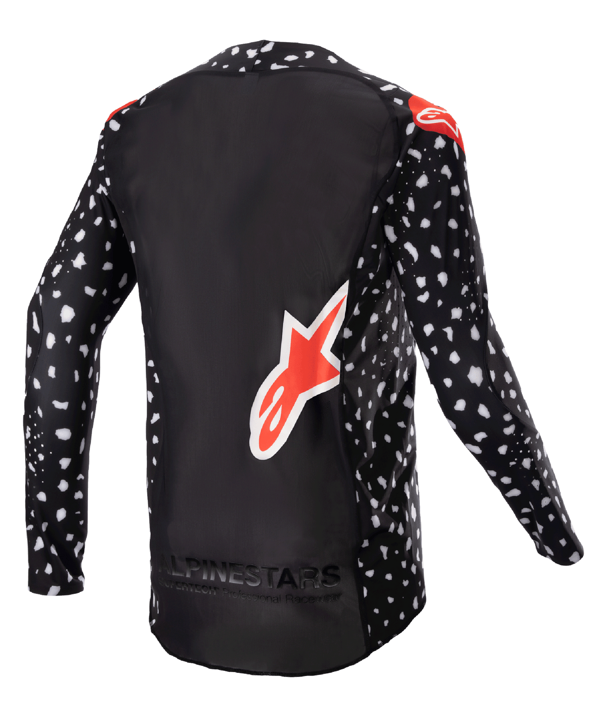 Alpinestars 2023 Supertech North Jersey, maglia da motocross, nero con motivo macchiettato bianco e accenti rosso neon, vista posteriore con grande logo Alpinestars rosso e branding sul fondo, abbigliamento da gara off-road di livello professionale.