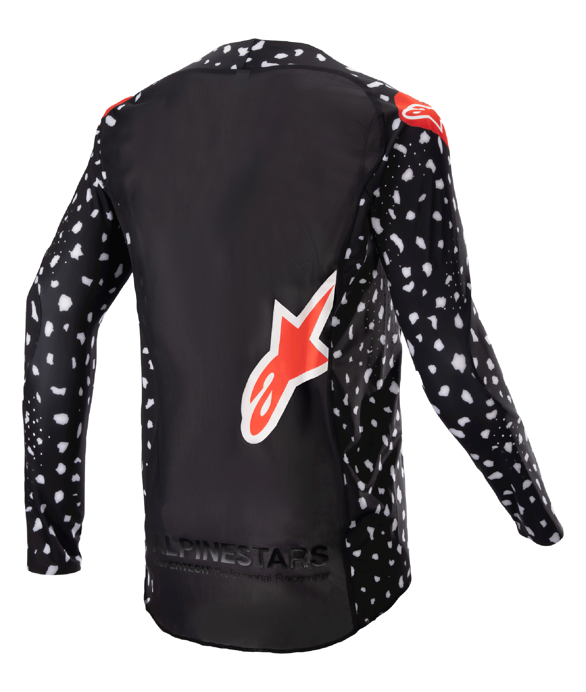 Alpinestars 2023 Supertech North Jersey, maglia da motocross, nero con motivo macchiettato bianco e accenti rosso neon, vista posteriore con grande logo Alpinestars rosso e branding sul fondo, abbigliamento da gara off-road di livello professionale.