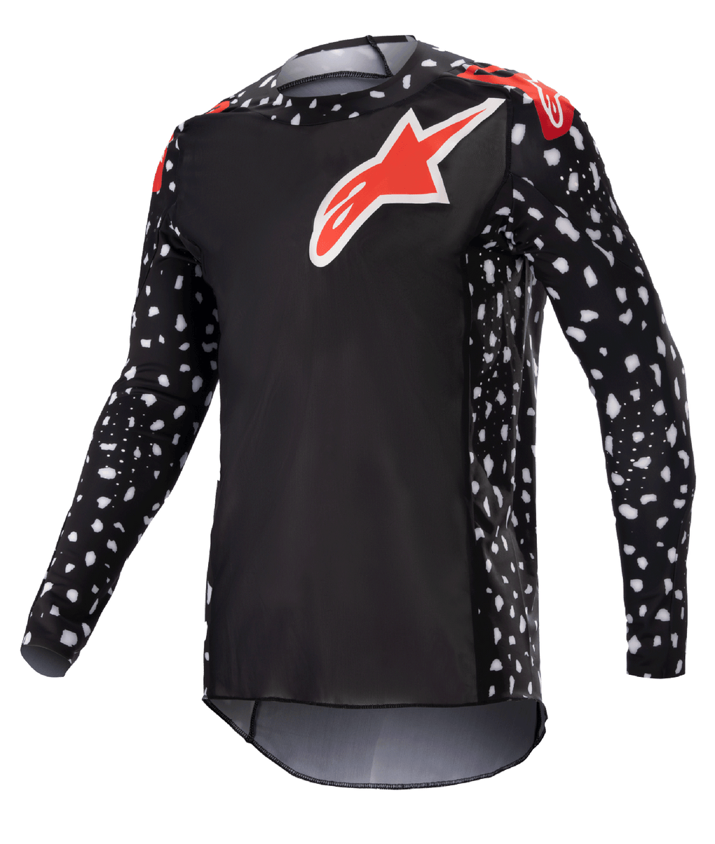 Alpinestars 2023 Supertech North Jersey, maglia da motocross, nero e rosso neon, maniche lunghe con motivo a puntini bianchi, loghi a stella rossi e bianchi su petto e spalle, rete tecnica leggera con vestibilità atletica da gara