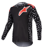 Alpinestars 2023 Supertech North Jersey, maglia da motocross, nero e rosso neon, maniche lunghe con motivo a puntini bianchi, loghi a stella rossi e bianchi su petto e spalle, rete tecnica leggera con vestibilità atletica da gara